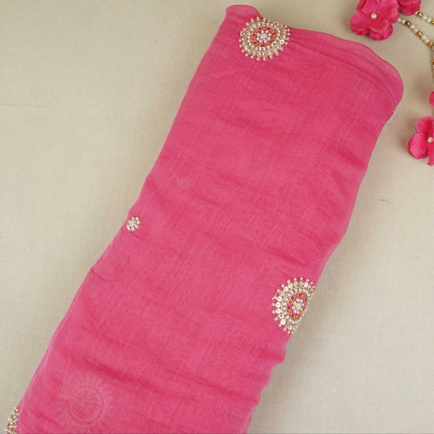Pink Floral Cutdana Embroidery Mul Chanderi Fabric SN-30098