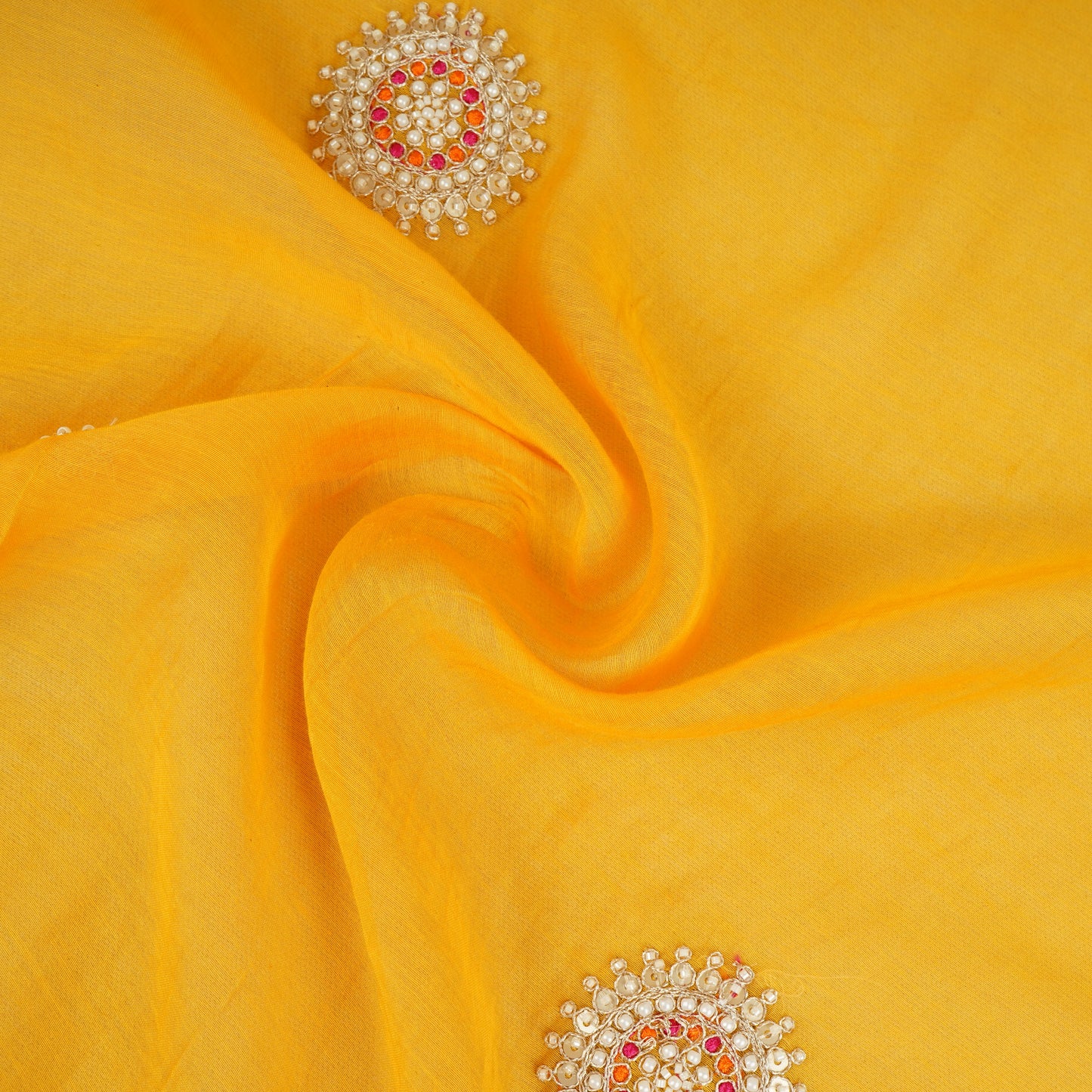 Mustard Floral Cutdana Embroidery Mul Chanderi Fabric SN-30099