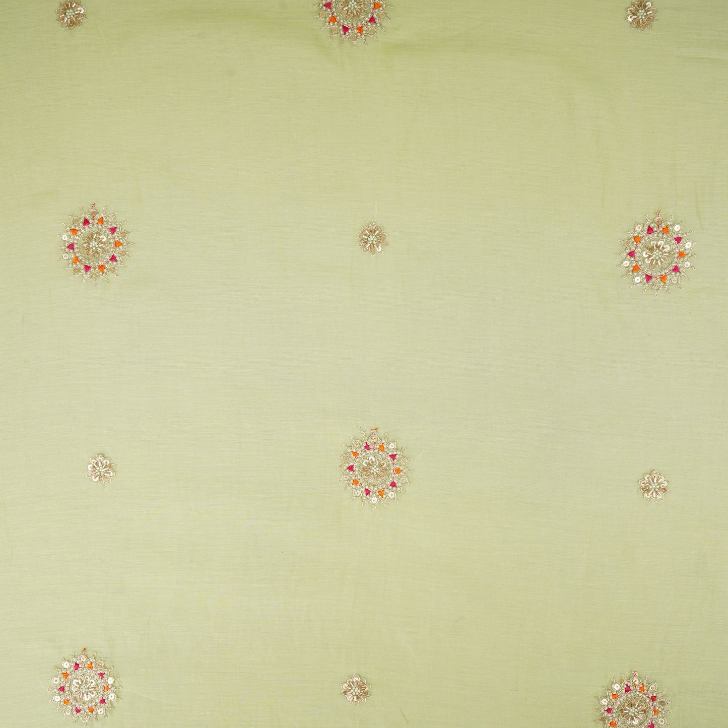 Light Lime Green Floral Cutdana Embroidery Mul Chanderi Fabric SN-30096