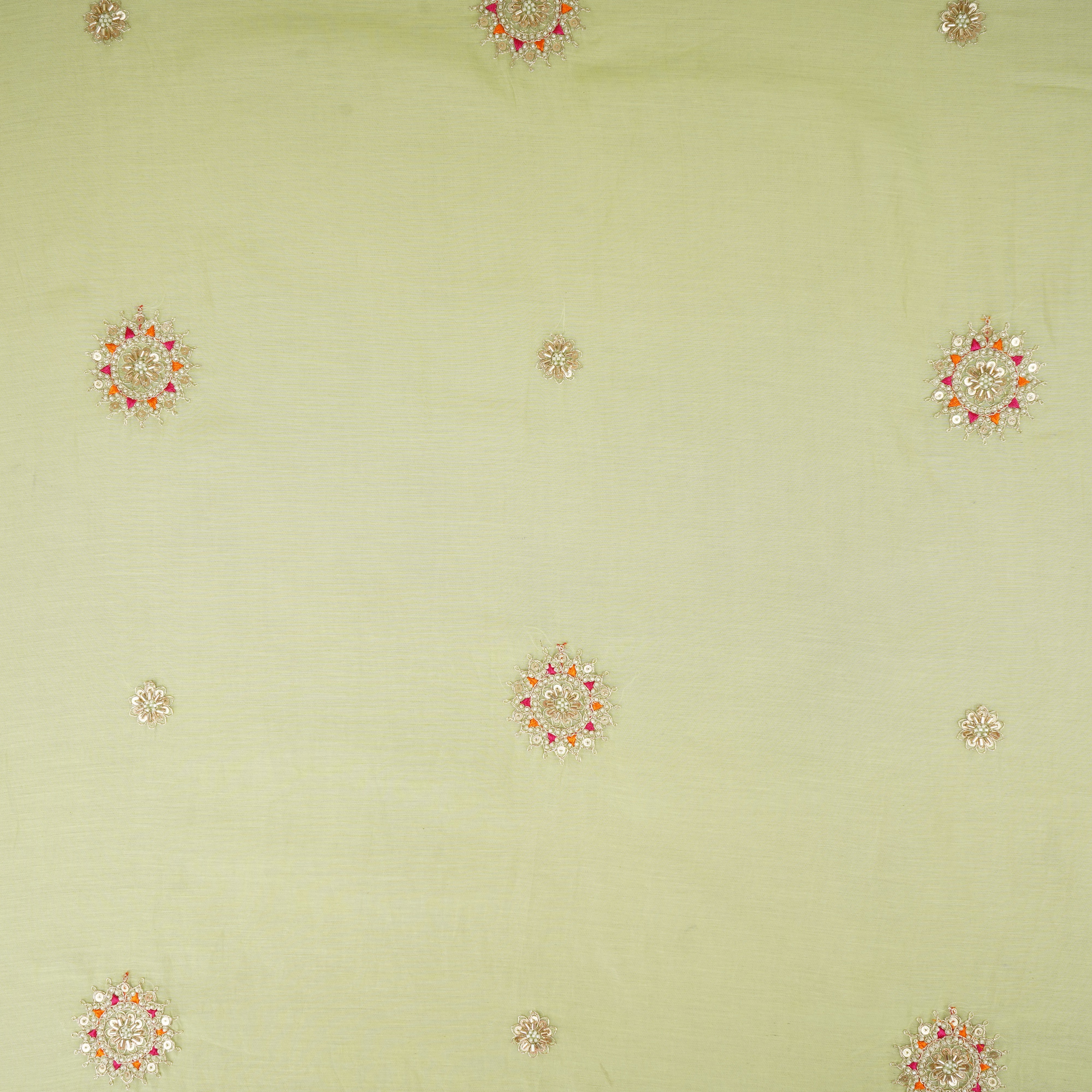 Light Lime Green Floral Cutdana Embroidery Mul Chanderi Fabric SN-30096 - TradeUNO