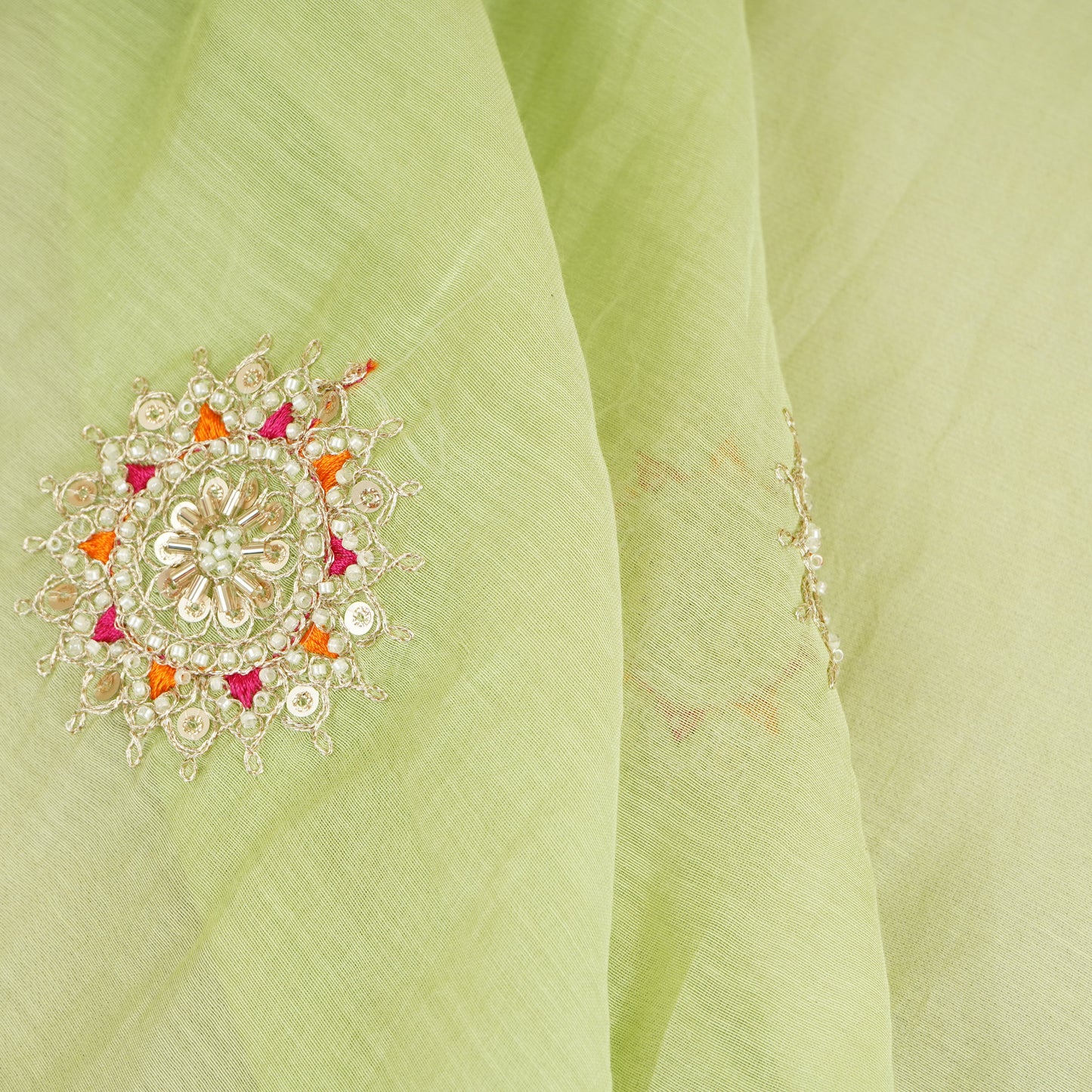 Light Lime Green Floral Cutdana Embroidery Mul Chanderi Fabric SN-30096