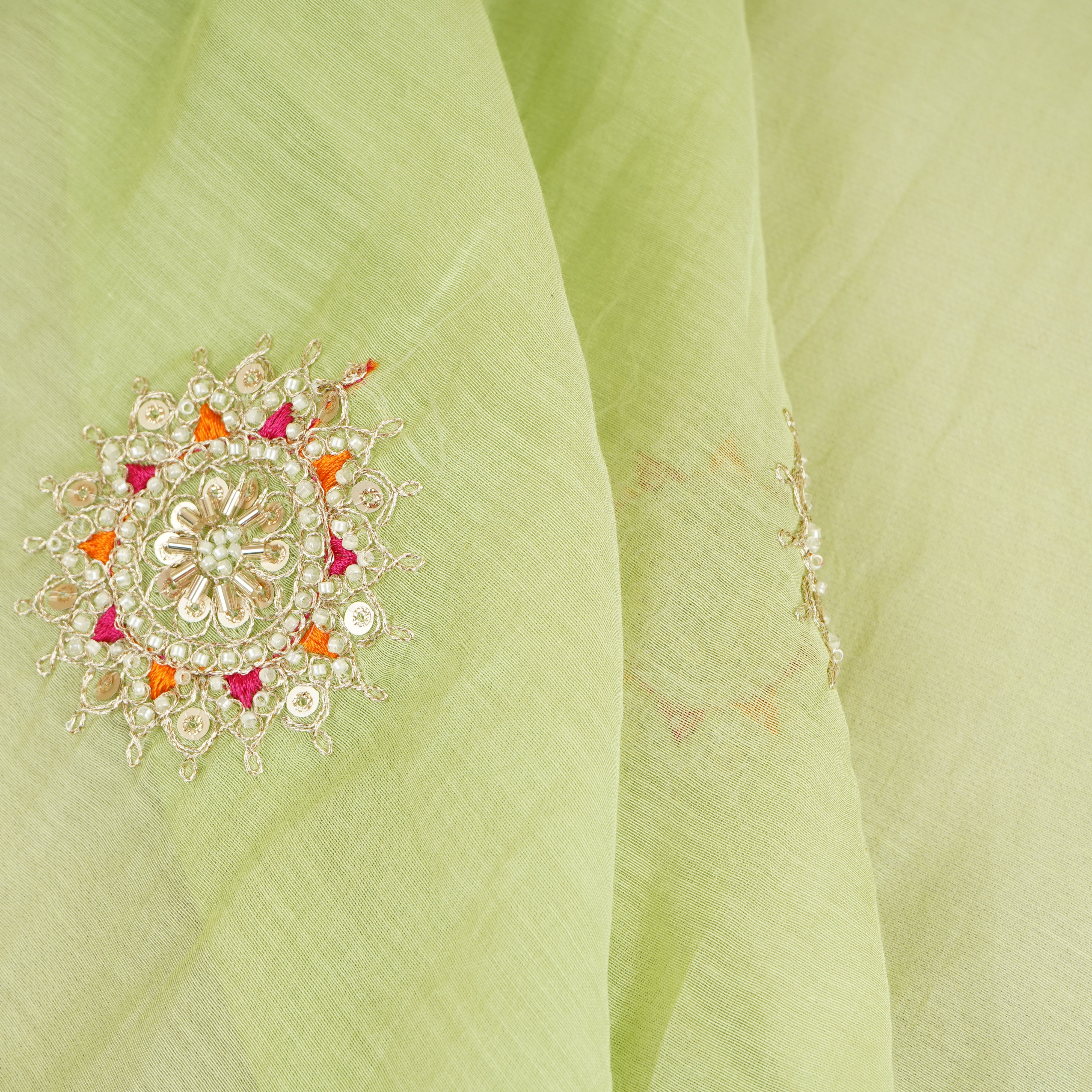 Light Lime Green Floral Cutdana Embroidery Mul Chanderi Fabric SN-30096 - TradeUNO
