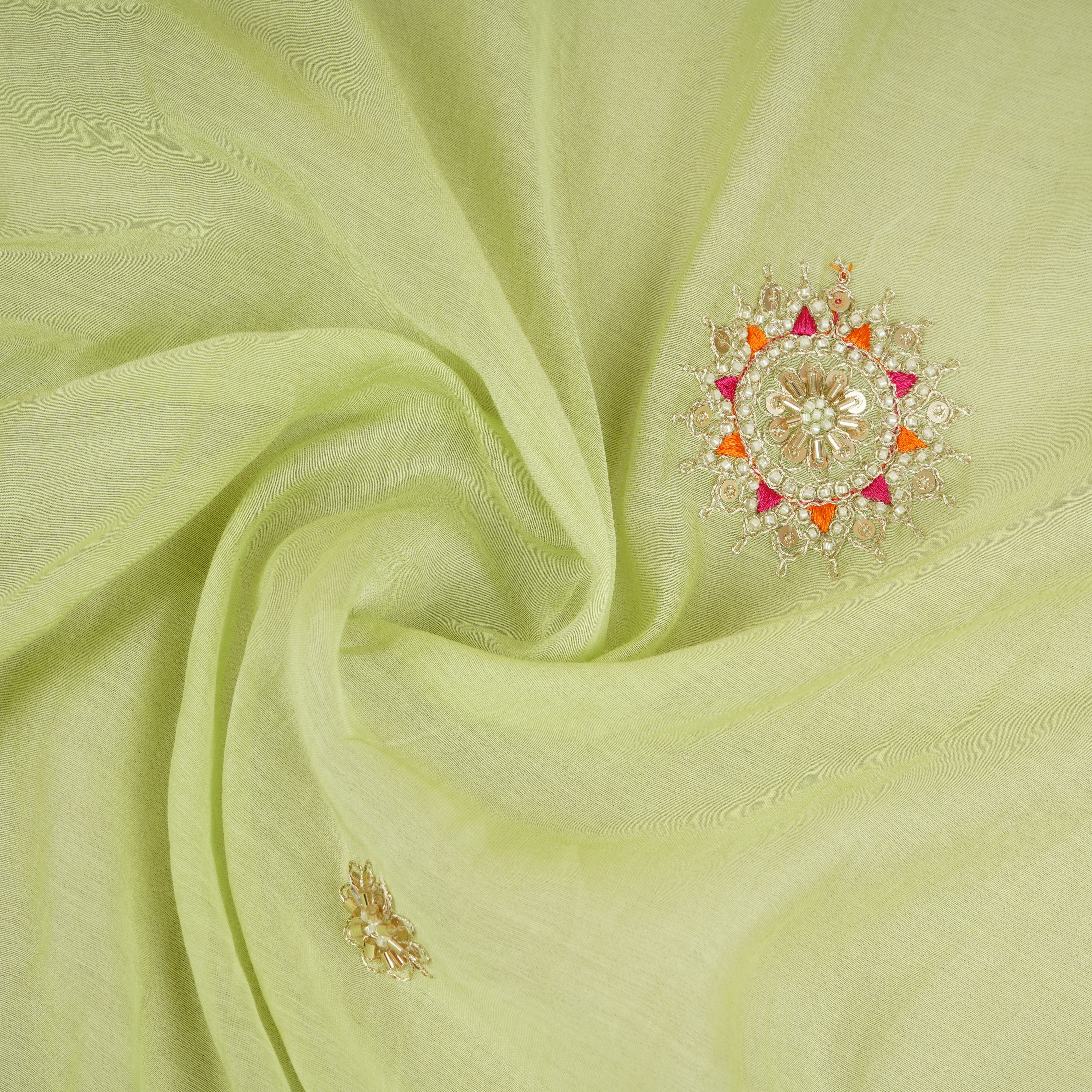 Light Lime Green Floral Cutdana Embroidery Mul Chanderi Fabric SN-30096 - TradeUNO