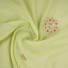 Light Lime Green Floral Cutdana Embroidery Mul Chanderi Fabric SN-30096