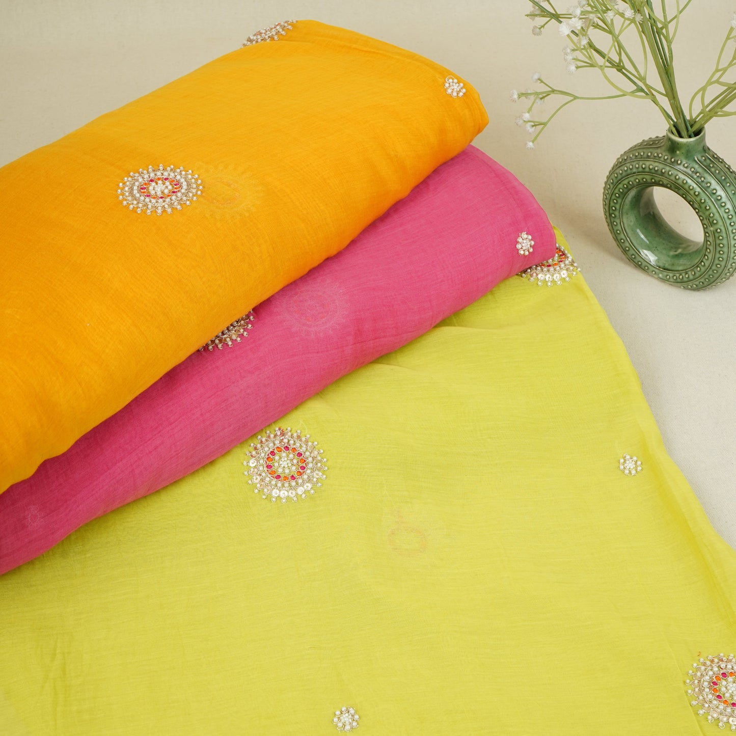 Light Pastel Green Floral Cutdana Embroidery Mul Chanderi Fabric SN-30097