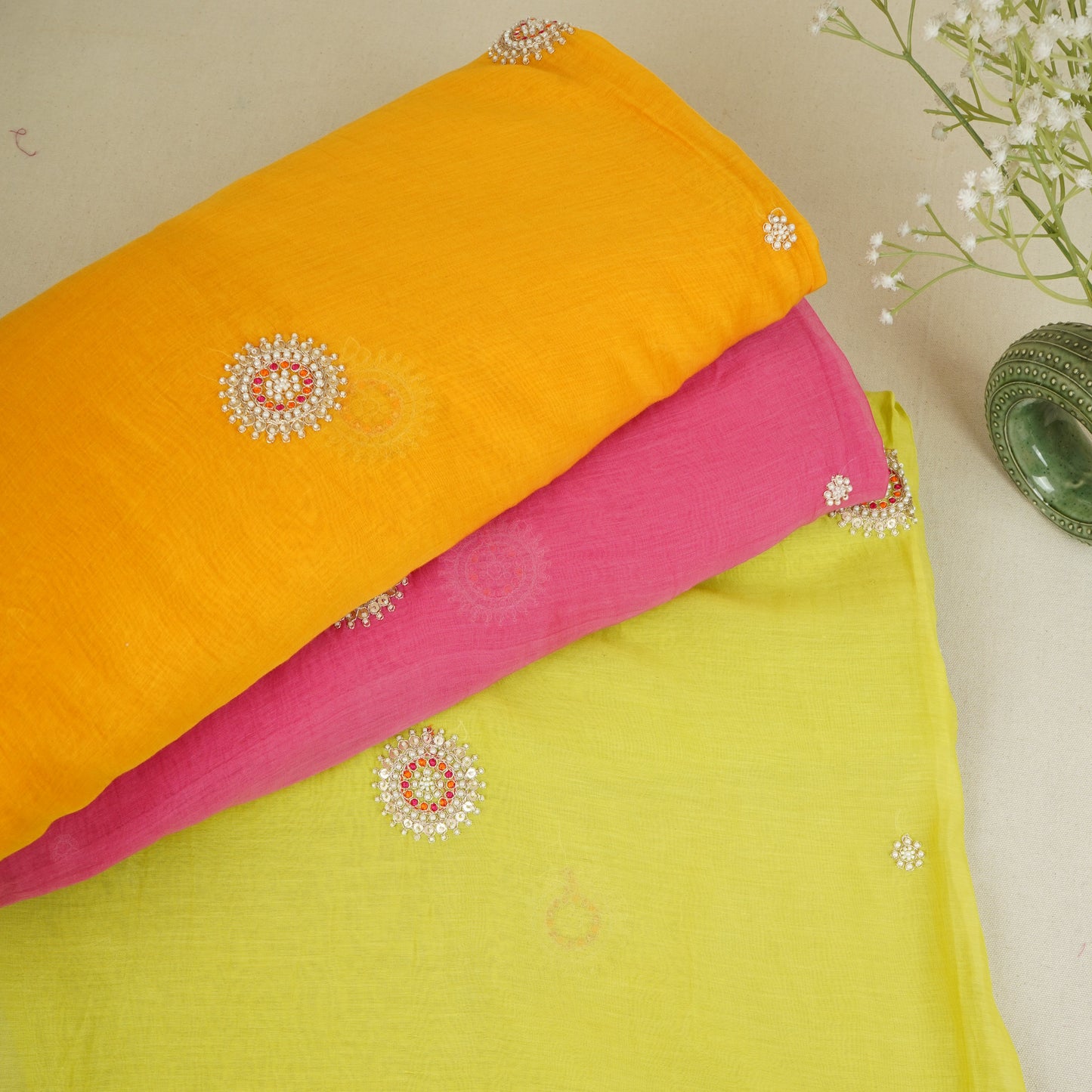 Mustard Floral Cutdana Embroidery Mul Chanderi Fabric SN-30099