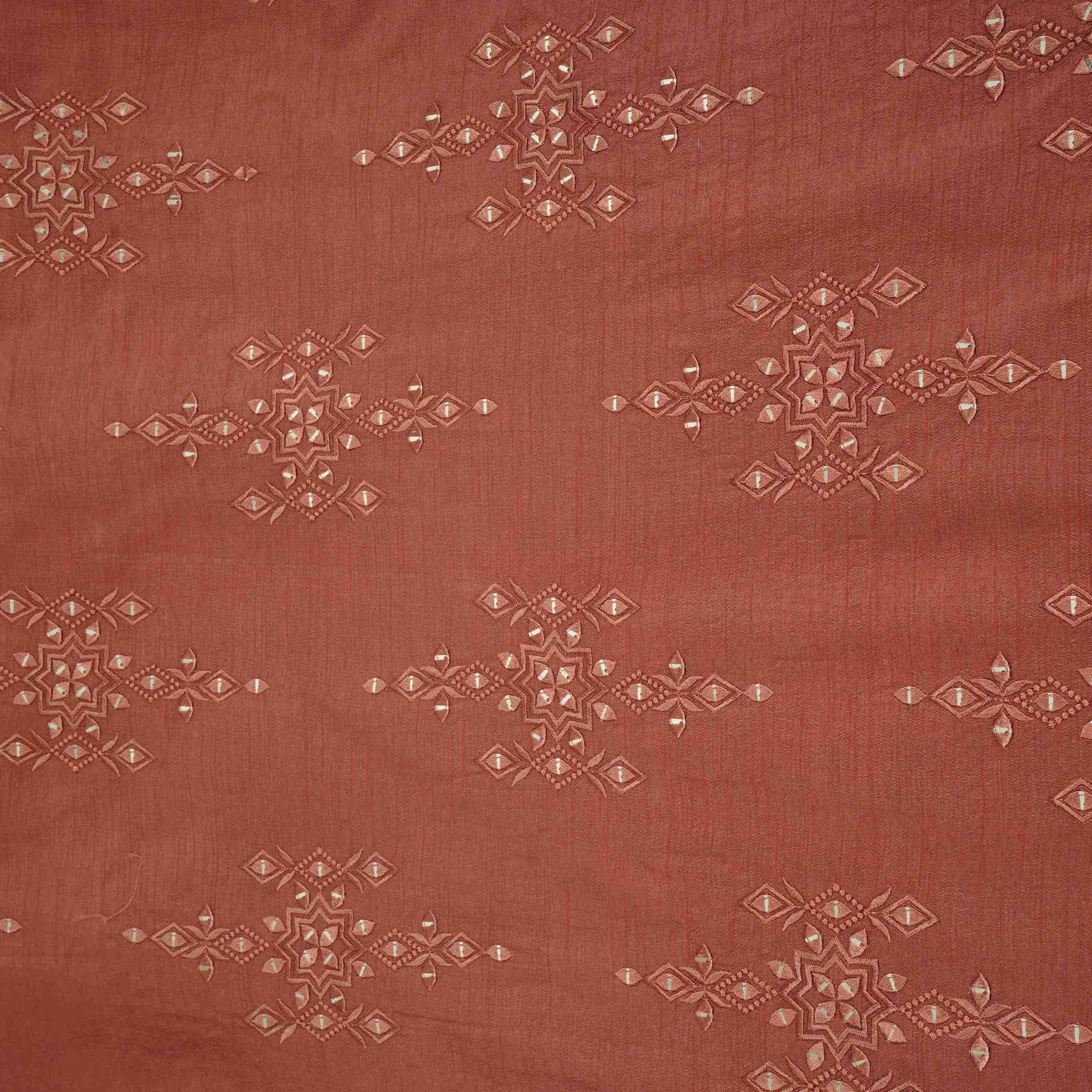 Dusty Rose Geometrical embroidery Raw Silk Fabric VFS-31530 - TradeUNO