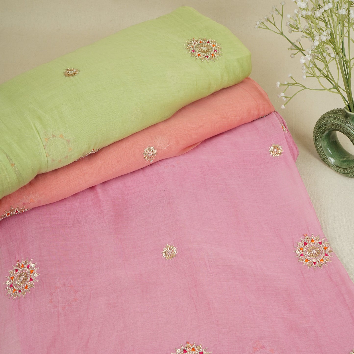 Coral Pink Floral Cutdana Embroidery Mul Chanderi Fabric SN-30100