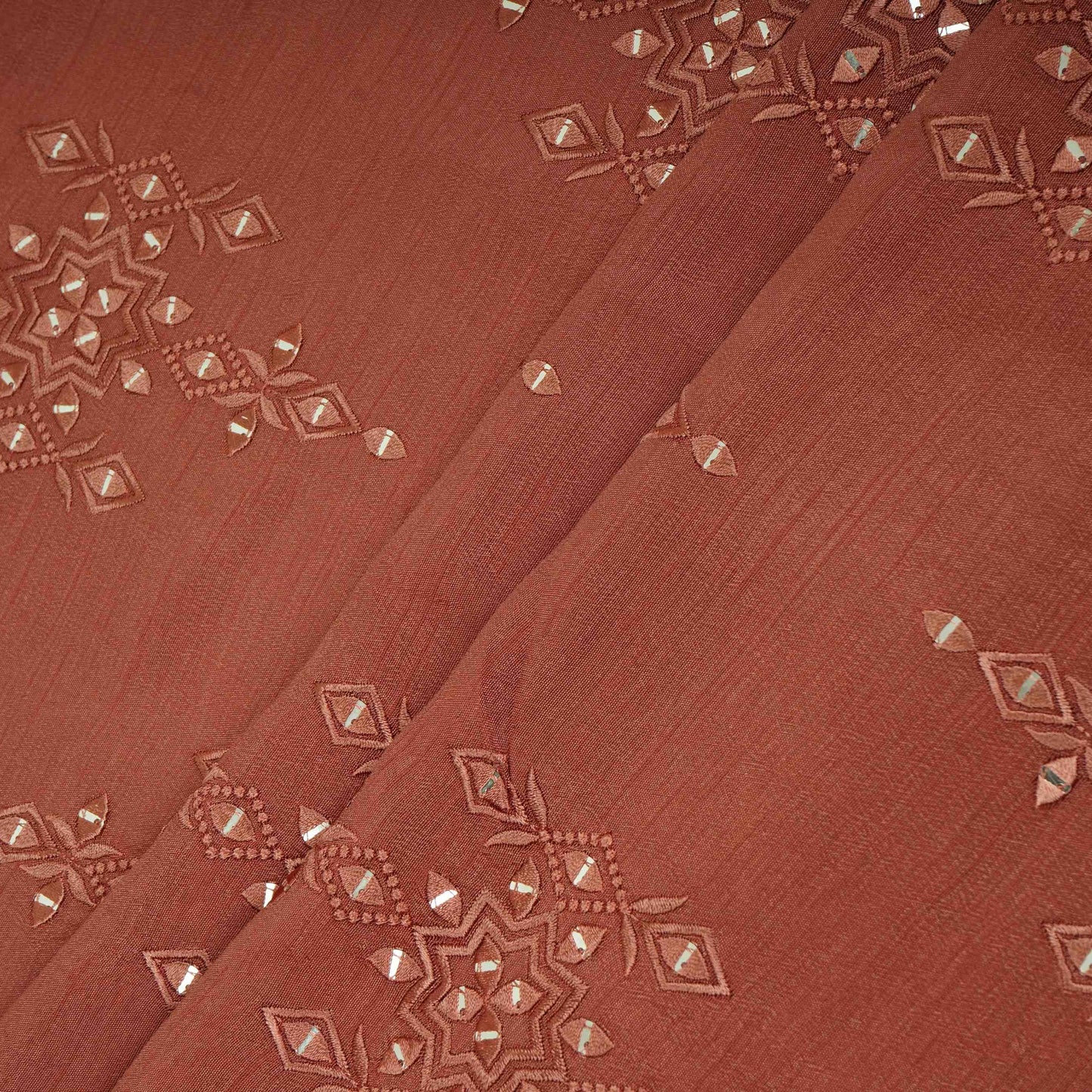 Dusty Rose Geometrical embroidery Raw Silk Fabric VFS-31530