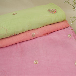 Light Lime Green Floral Cutdana Embroidery Mul Chanderi Fabric SN-30096 - TradeUNO