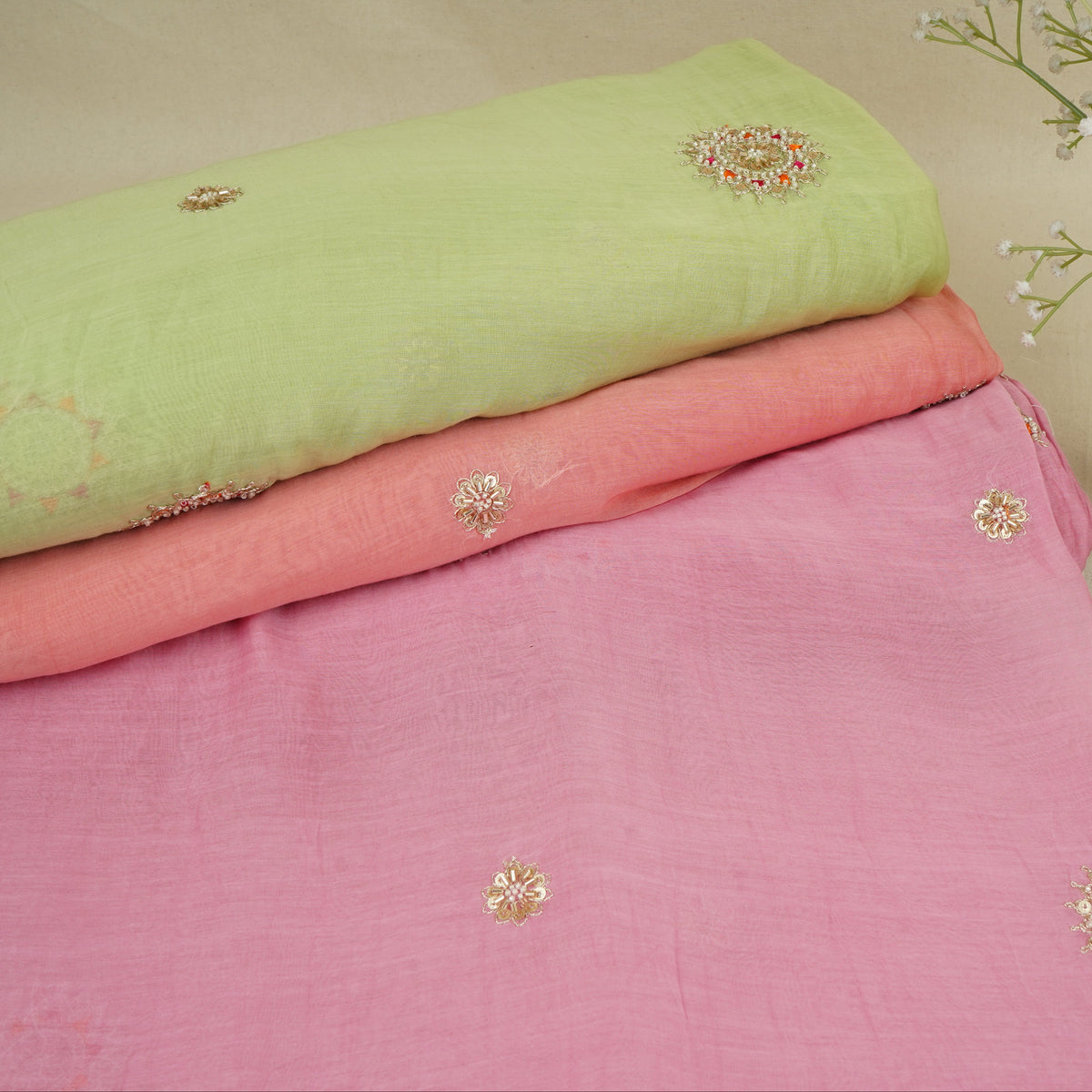 Light Lime Green Floral Cutdana Embroidery Mul Chanderi Fabric SN-30096 - TradeUNO