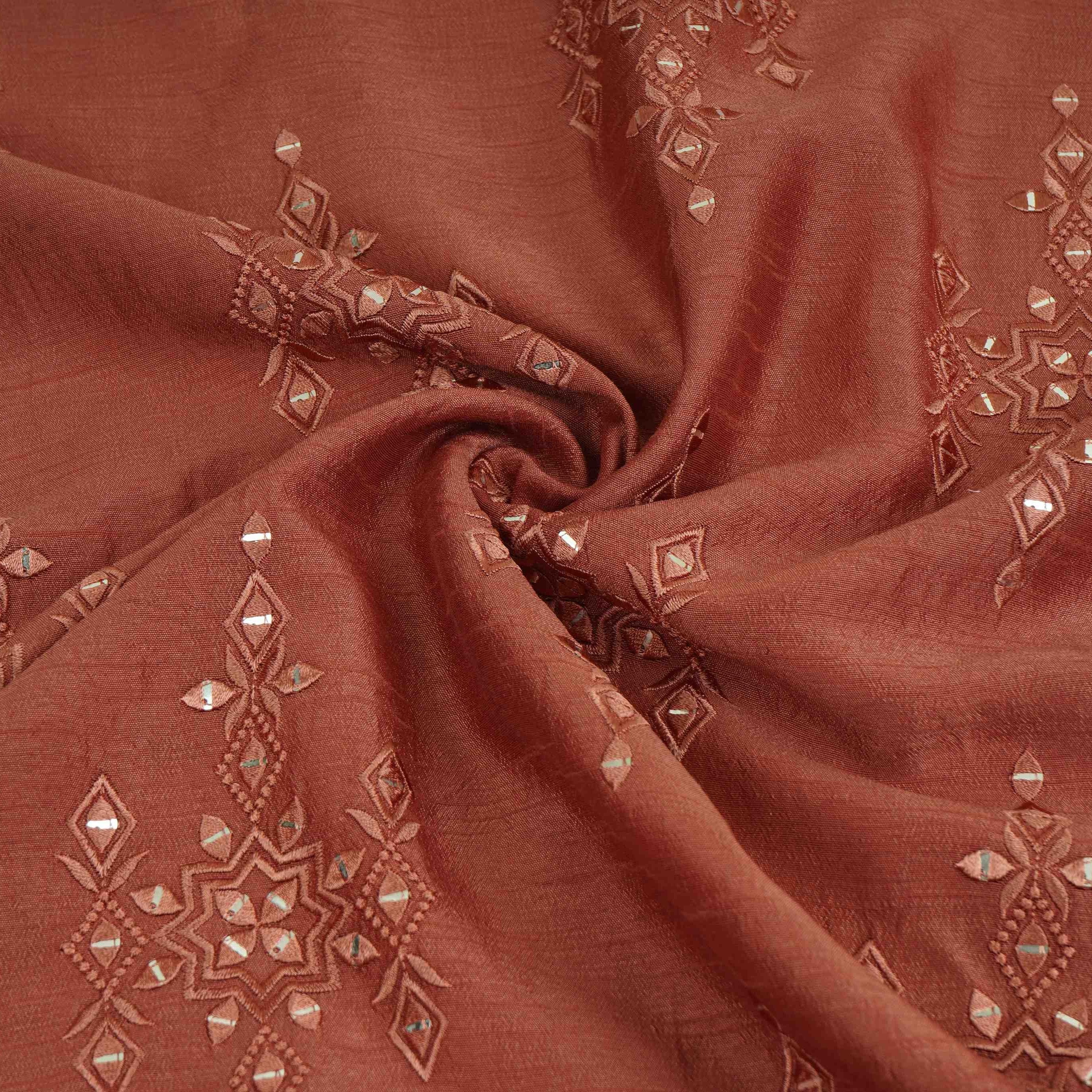 Dusty Rose Geometrical embroidery Raw Silk Fabric VFS-31530 - TradeUNO