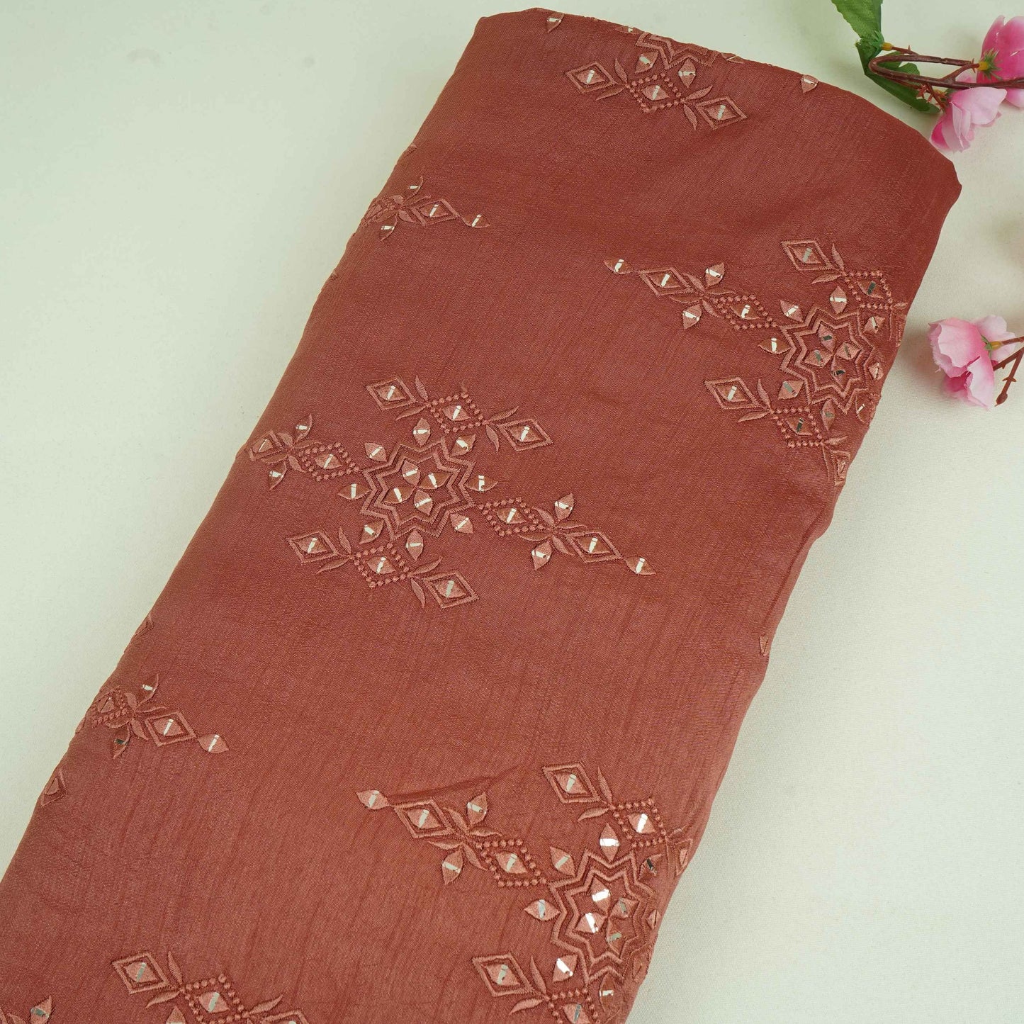 Dusty Rose Geometrical embroidery Raw Silk Fabric VFS-31530