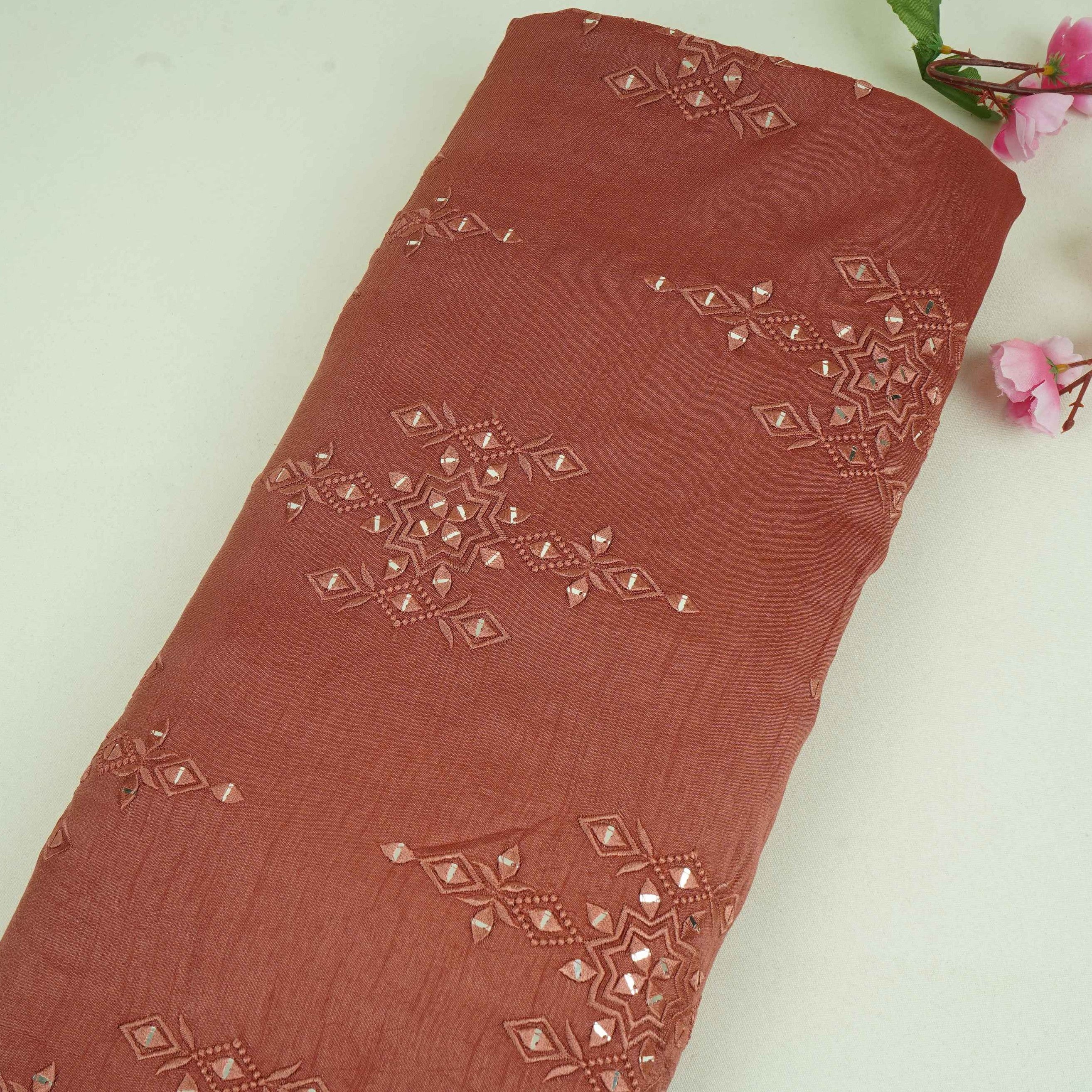 Dusty Rose Geometrical embroidery Raw Silk Fabric VFS-31530 - TradeUNO