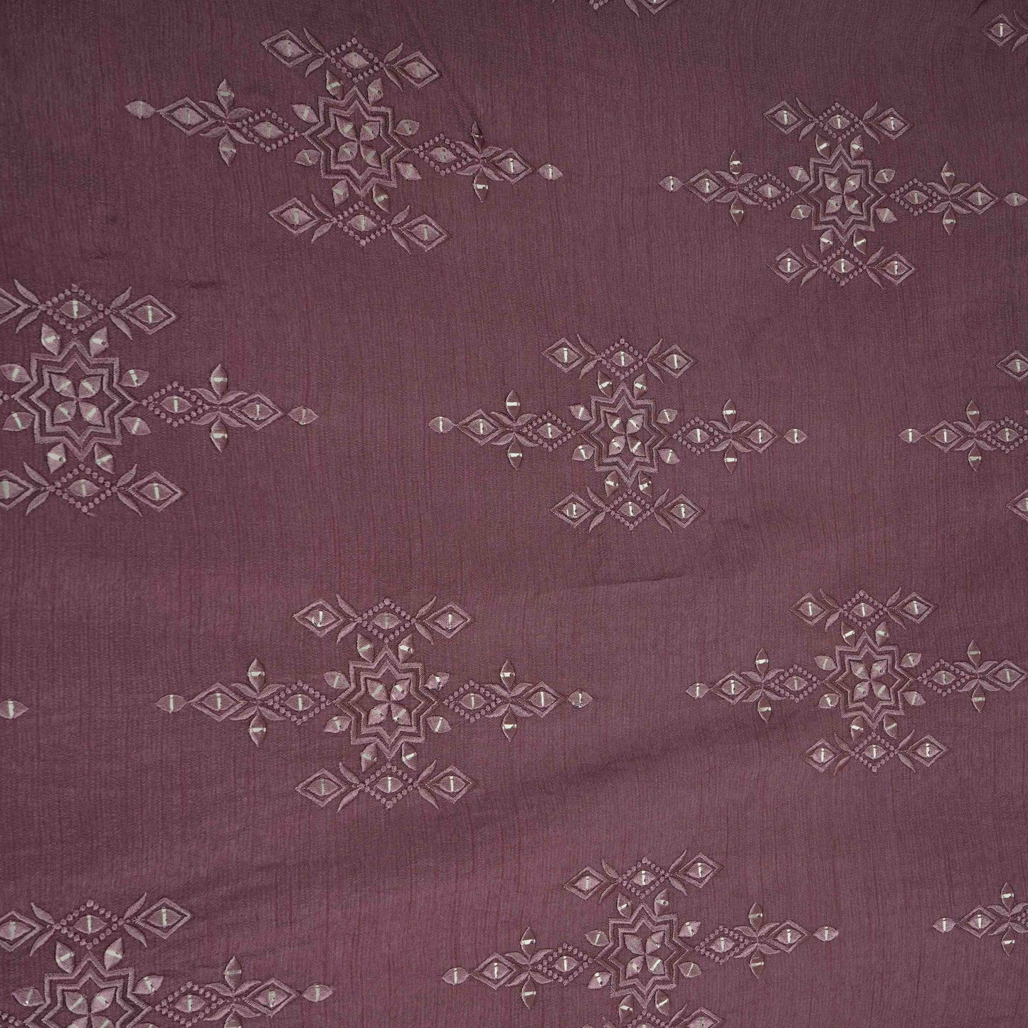 Mauve Geometrical embroidery Raw Silk Fabric VFS-31532
