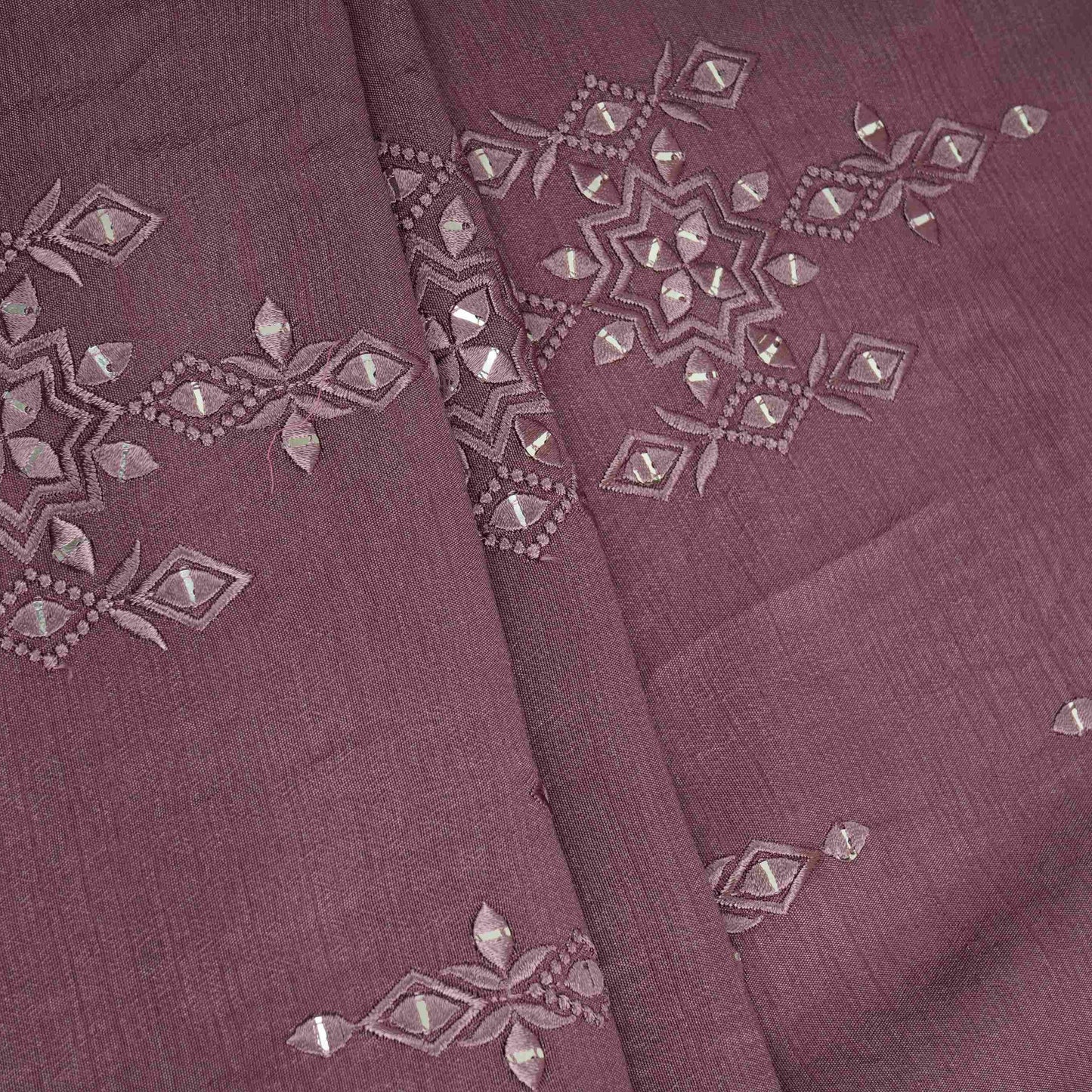 Mauve Geometrical embroidery Raw Silk Fabric VFS-31532
