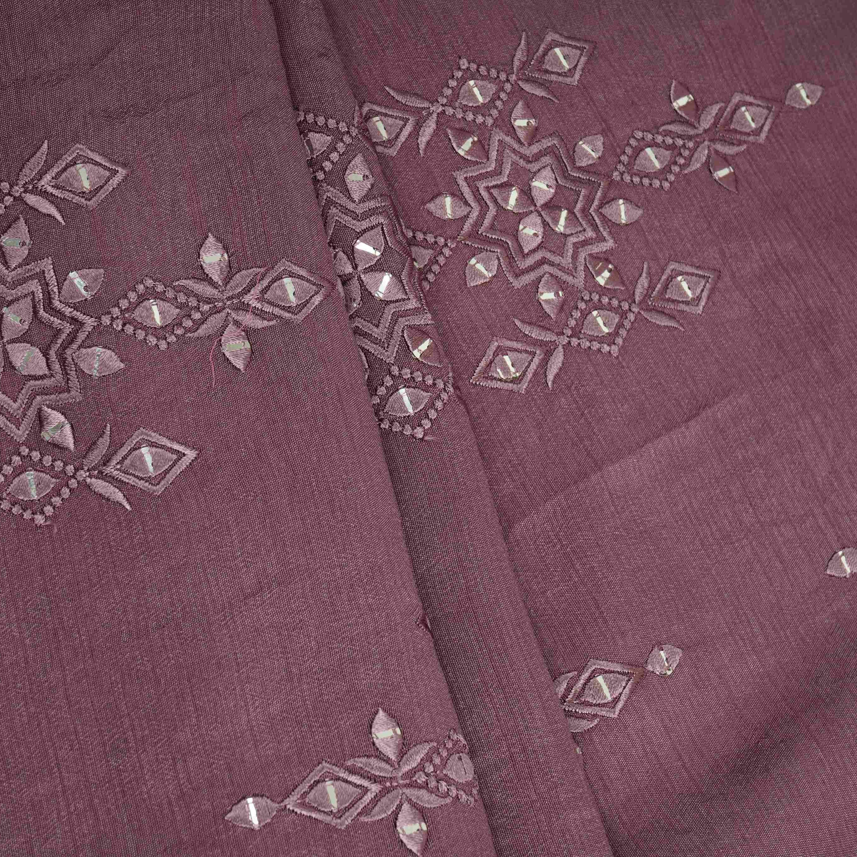 Mauve Geometrical embroidery Raw Silk Fabric VFS-31532 - TradeUNO