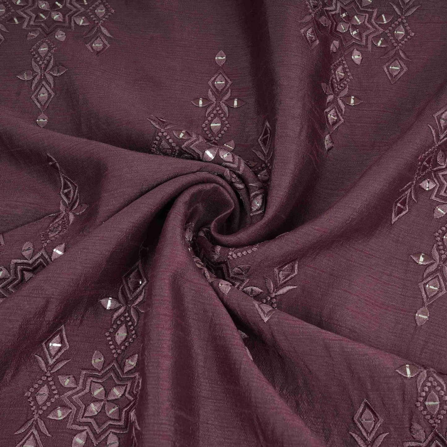Mauve Geometrical embroidery Raw Silk Fabric VFS-31532