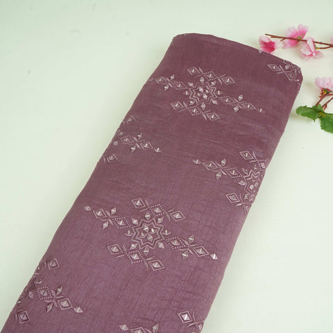 Mauve Geometrical embroidery Raw Silk Fabric VFS-31532
