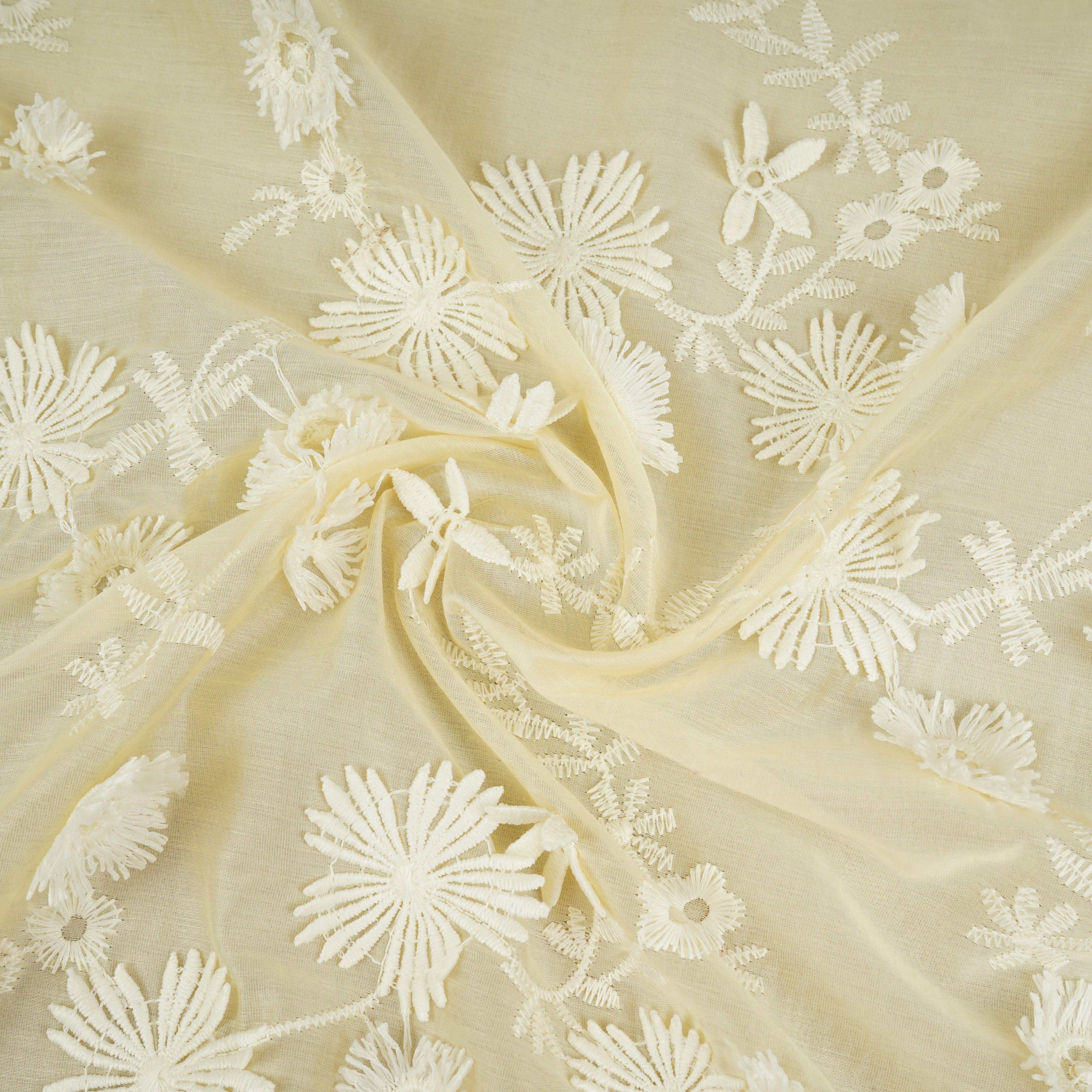 Pale Yellow Floral 3D Embroidery Tencel Silk Fabric AF-30084 - TradeUNO