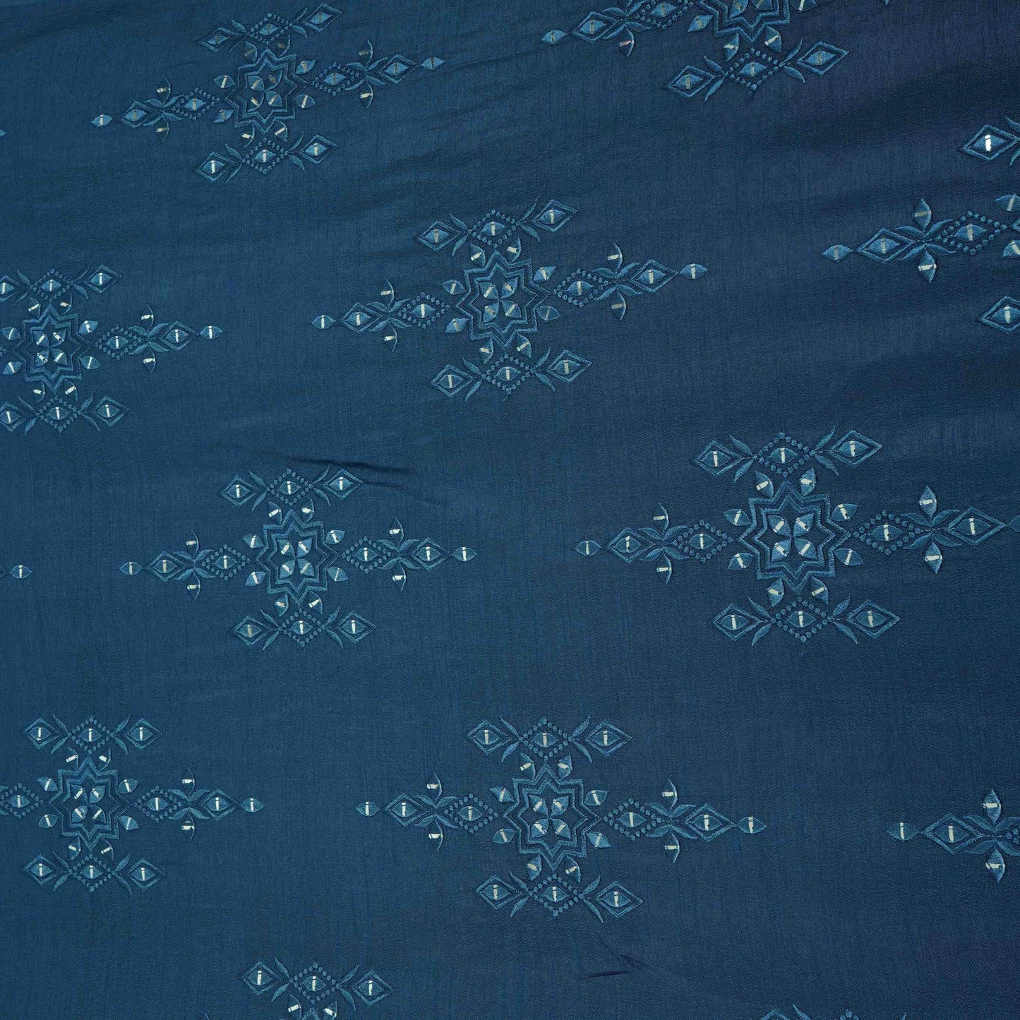 Royal Blue Geometrical embroidery Raw Silk Fabric VFS-31531
