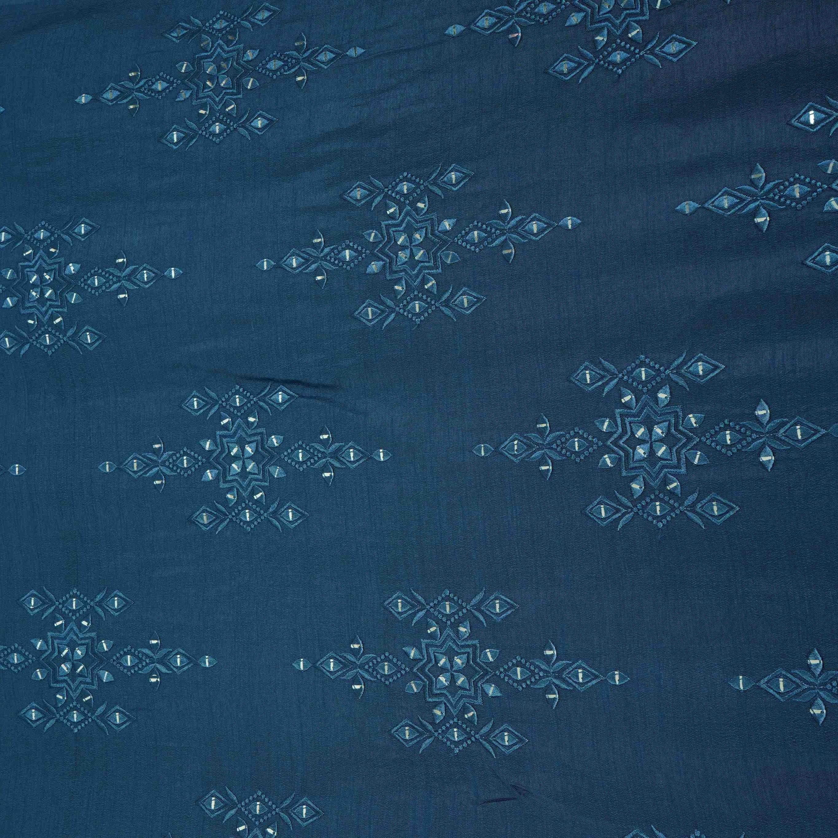 Royal Blue Geometrical embroidery Raw Silk Fabric VFS-31531 - TradeUNO