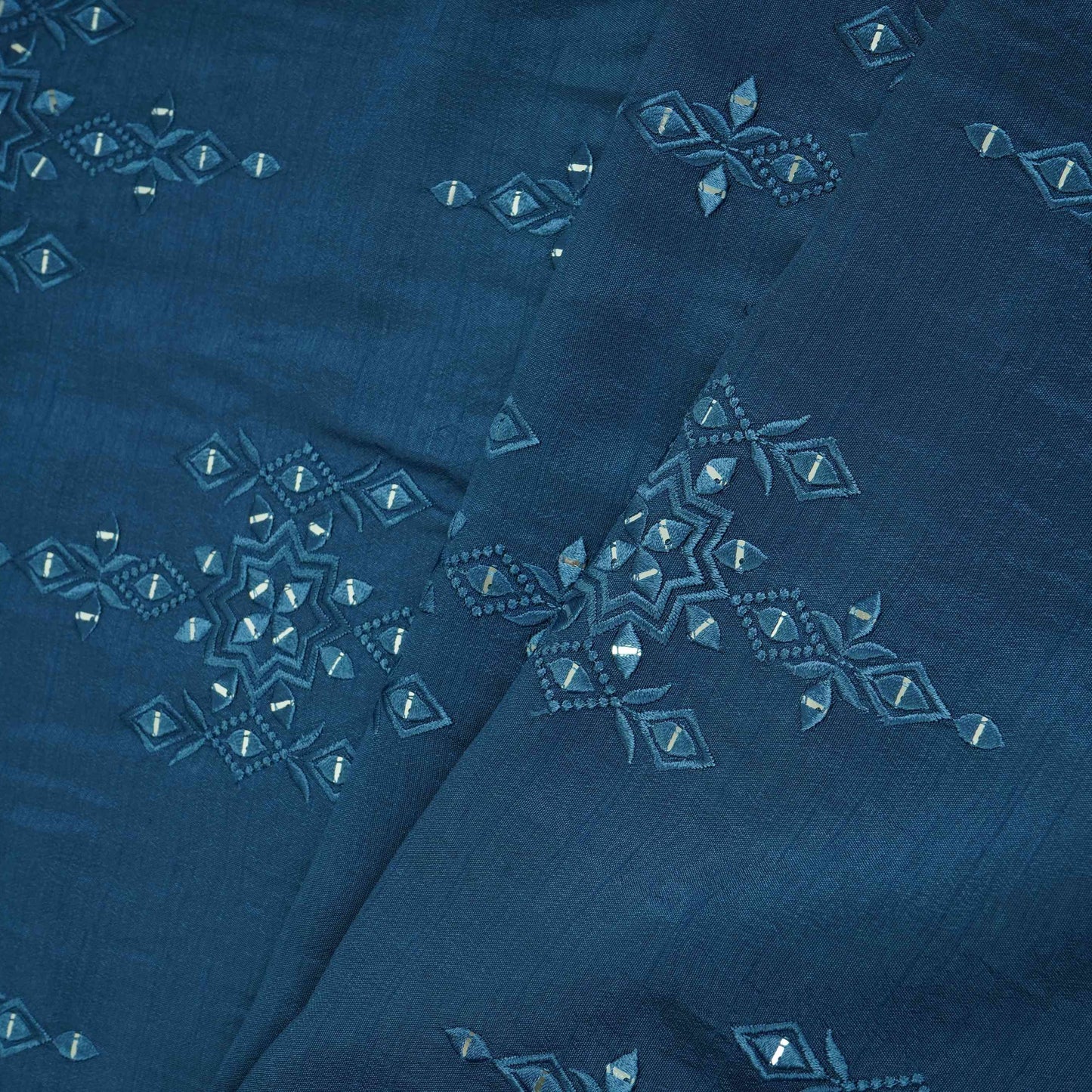 Royal Blue Geometrical embroidery Raw Silk Fabric VFS-31531