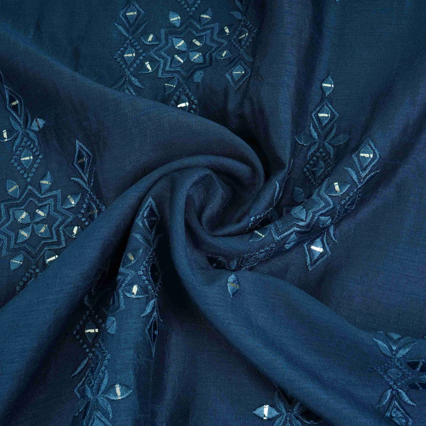 Royal Blue Geometrical embroidery Raw Silk Fabric VFS-31531