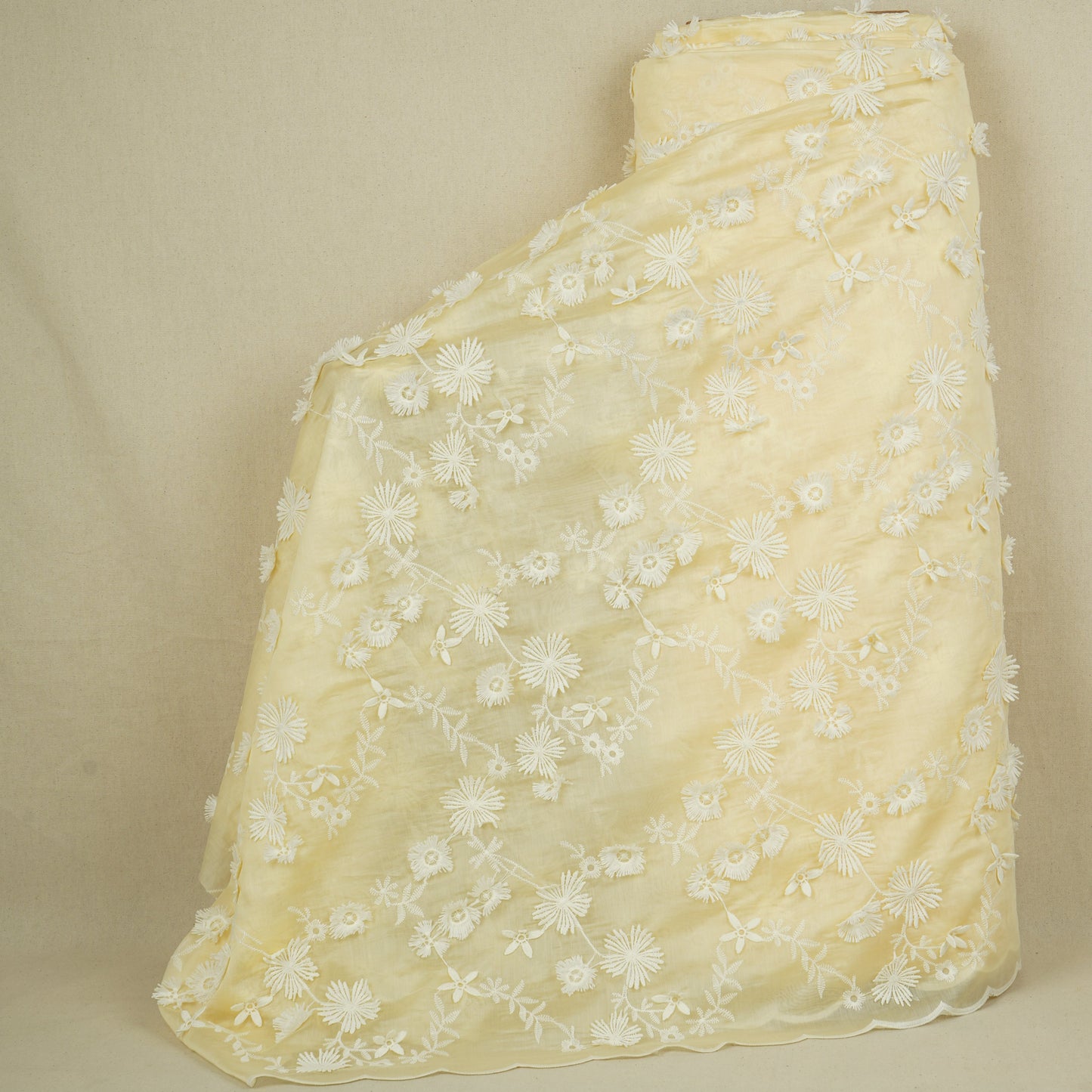 Pale Yellow Floral 3D Embroidery Tencel Silk Fabric AF-30084
