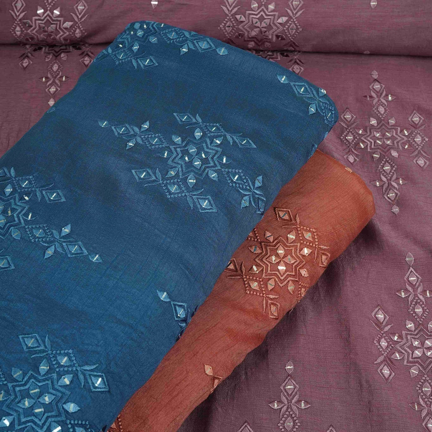 Dusty Rose Geometrical embroidery Raw Silk Fabric VFS-31530