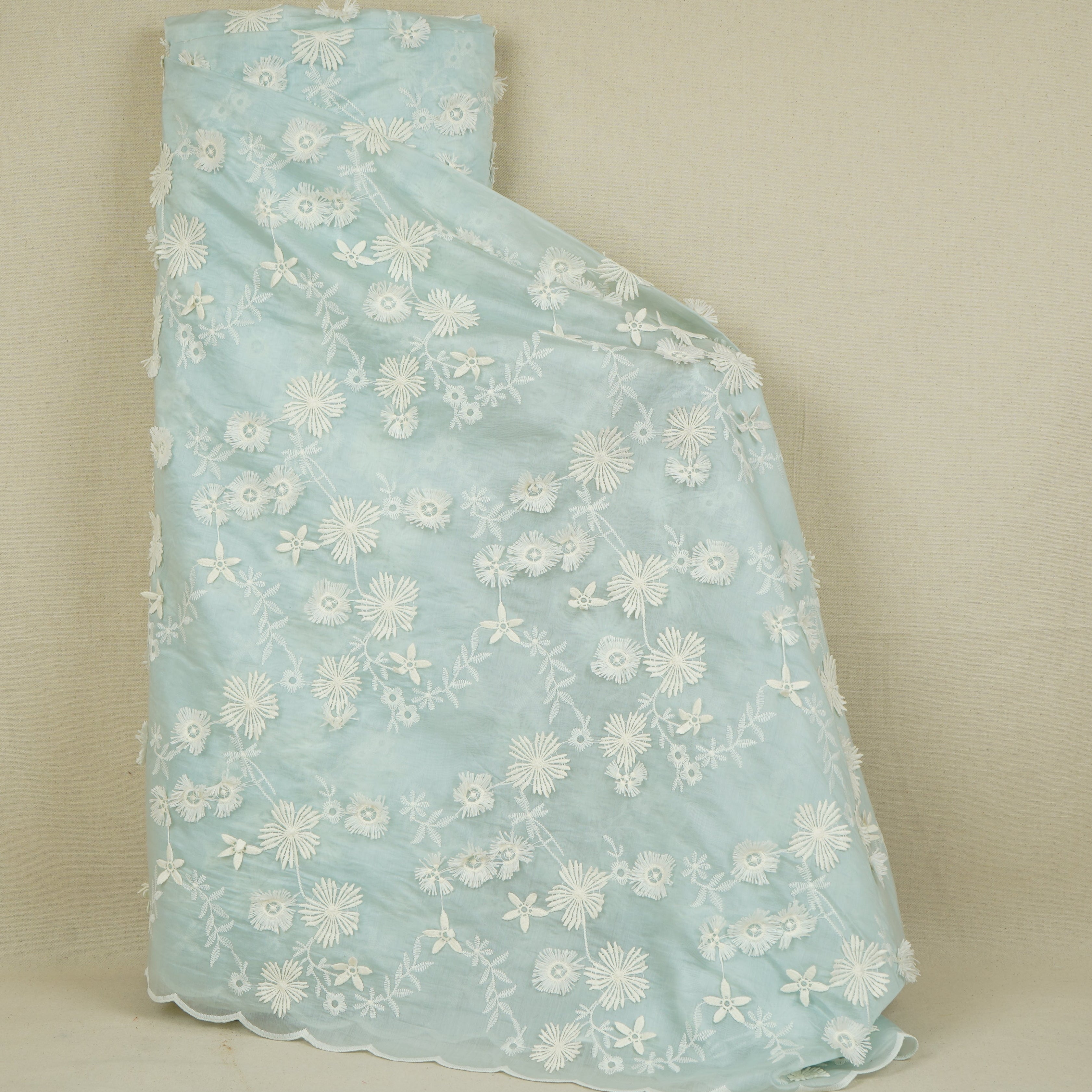 Light Blue Floral 3D Embroidery Tencel Silk Fabric AF-30087 - TradeUNO