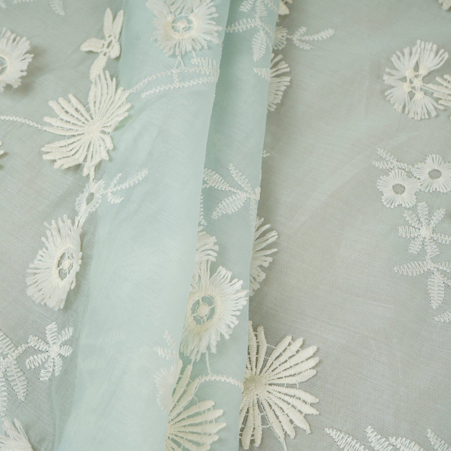 Light Blue Floral 3D Embroidery Tencel Silk Fabric AF-30087