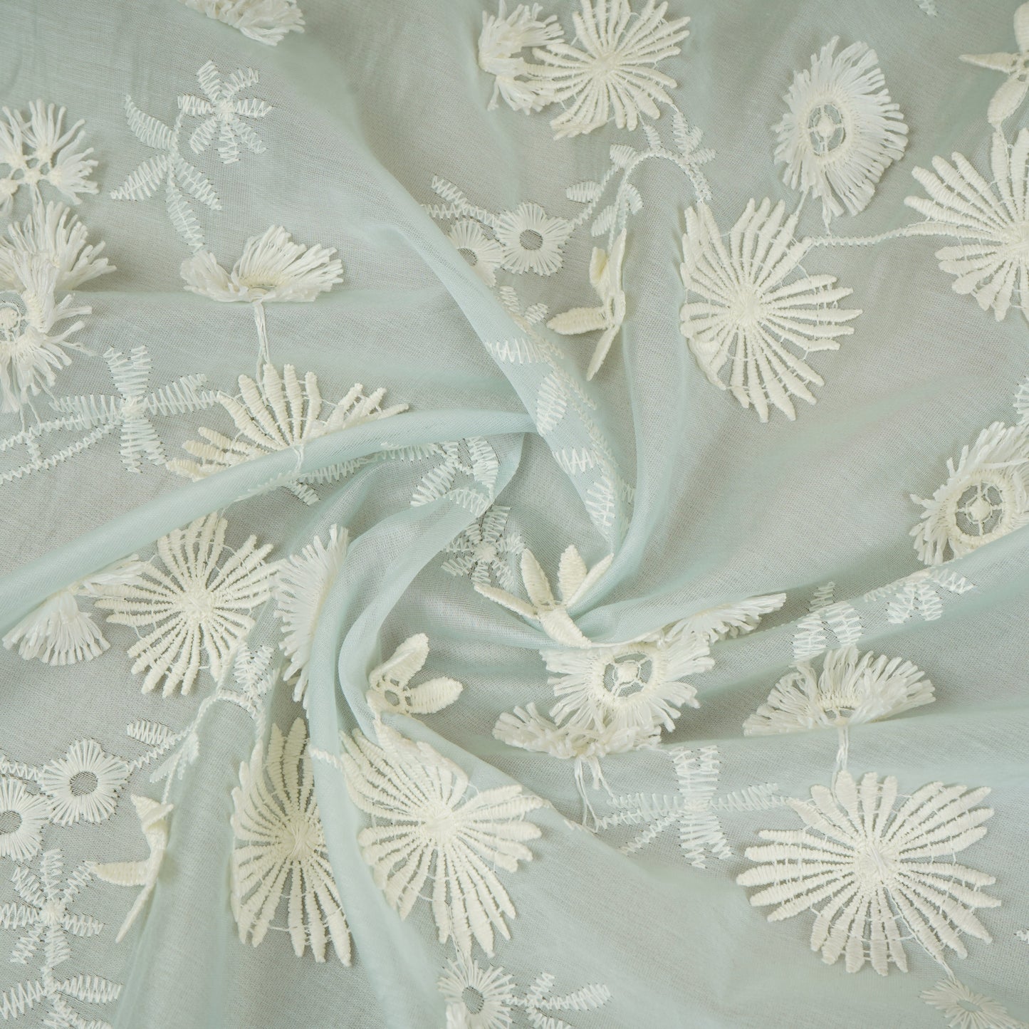 Light Blue Floral 3D Embroidery Tencel Silk Fabric AF-30087