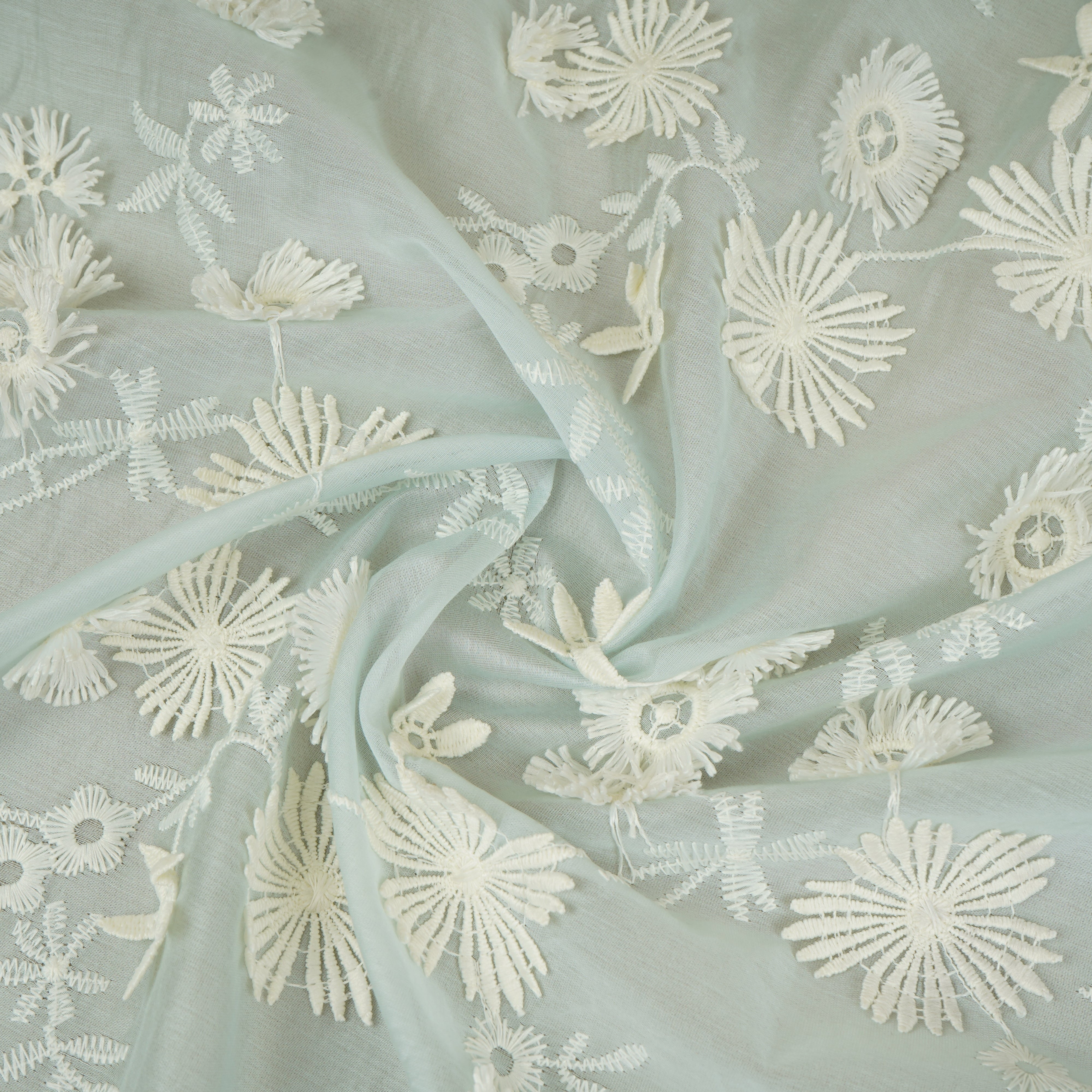 Light Blue Floral 3D Embroidery Tencel Silk Fabric AF-30087 - TradeUNO