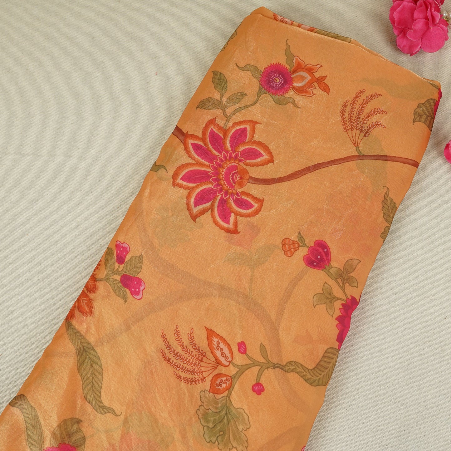 Orange Floral Print Organza Fabric VF-30076