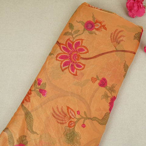 Orange Floral Print Organza Fabric VF-30076