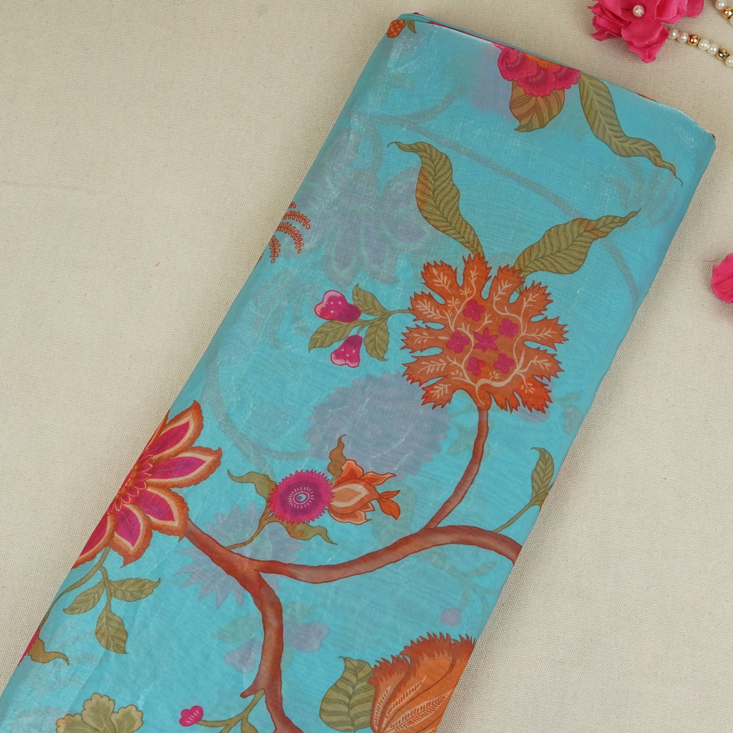 Sky Blue Floral Print Organza Fabric VF-30075