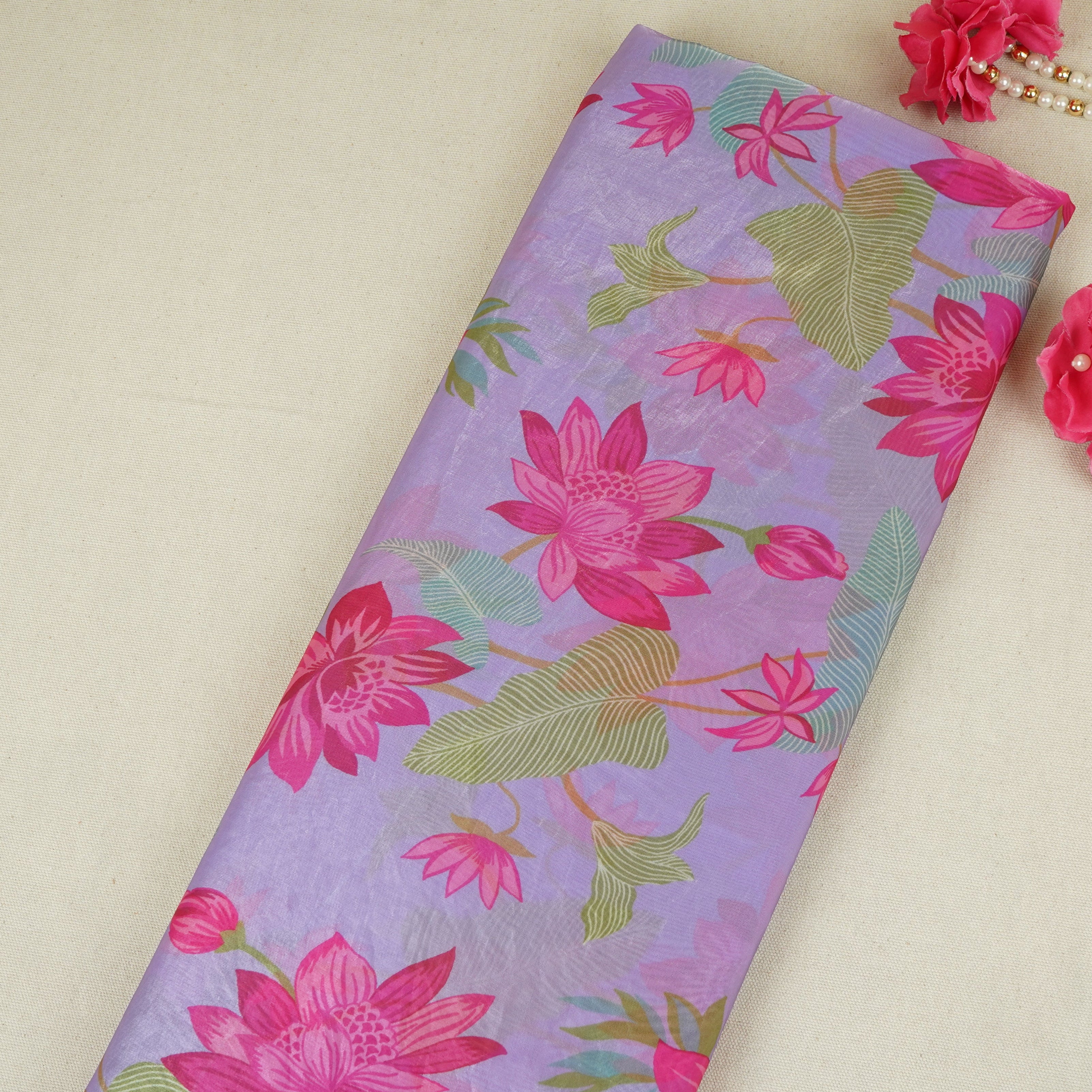 Lilac Floral Print Organza Fabric VF-30079 - TradeUNO