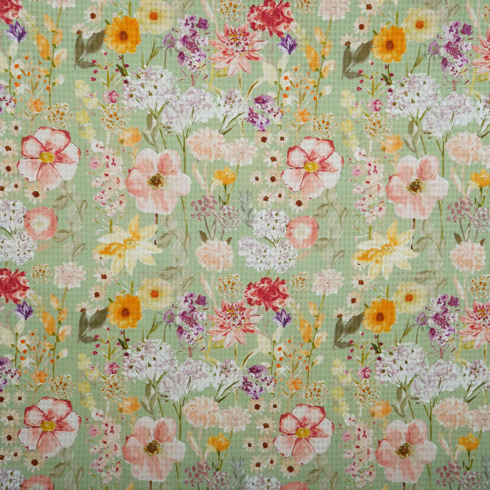 Mint Green with Multicolor floral print Cotton Checks Fabric PI-31846 - TradeUNO
