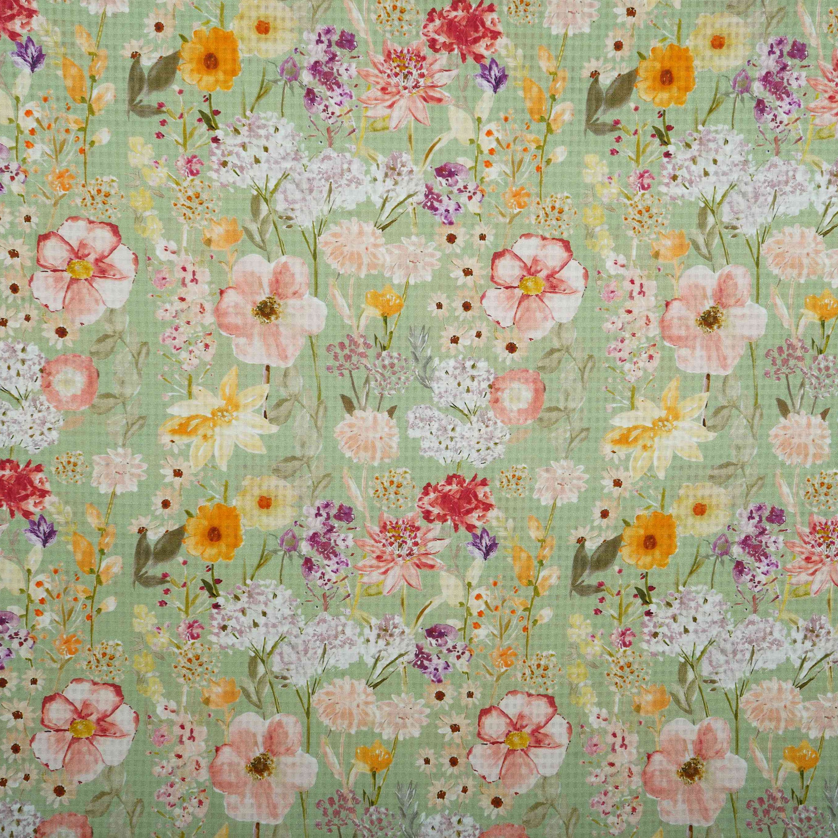 Mint Green with Multicolor floral print Cotton Checks Fabric PI-31846 - TradeUNO