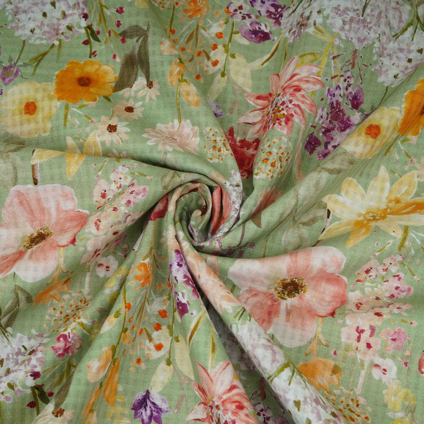 Mint Green with Multicolor floral print Cotton Checks Fabric PI-31846 - TradeUNO