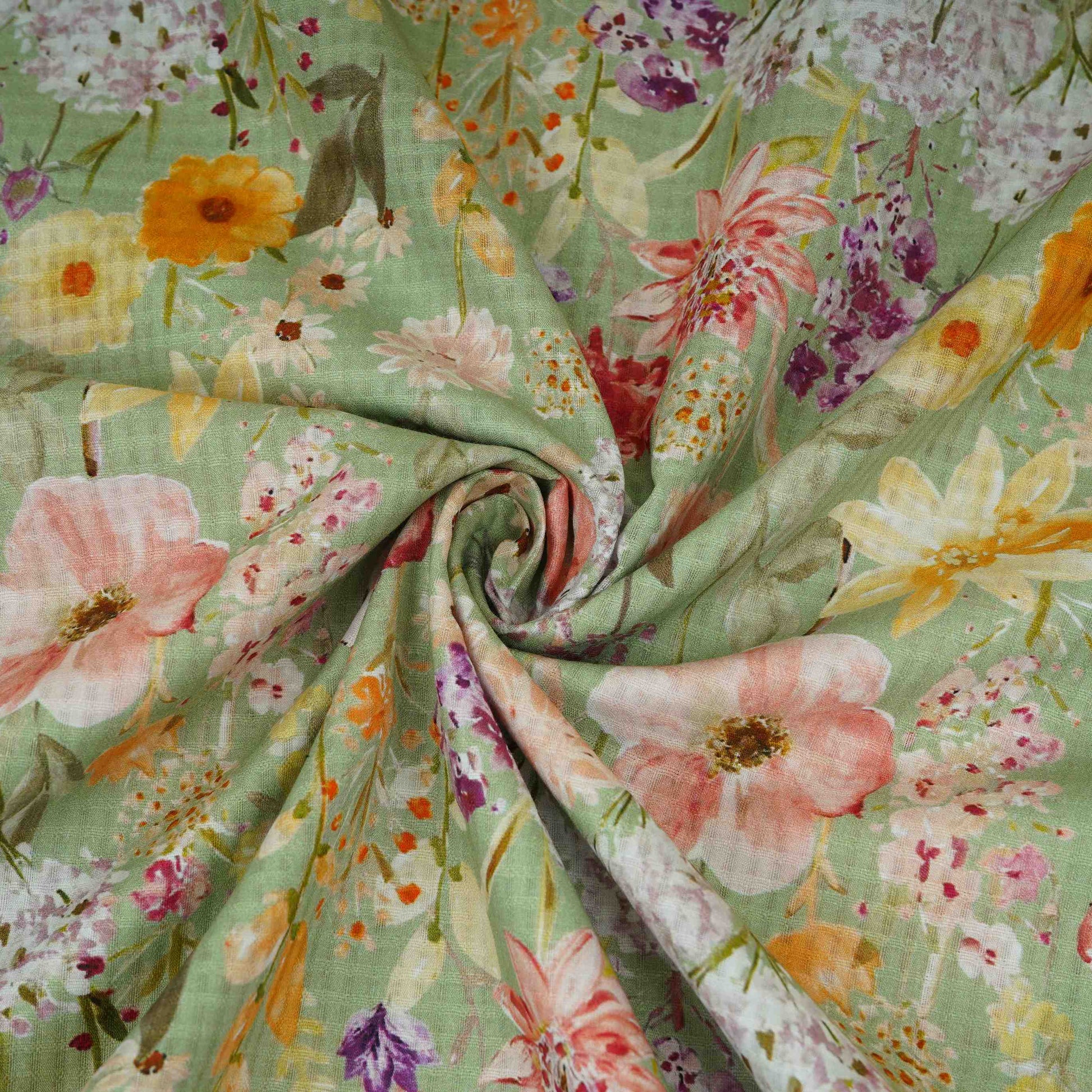 Mint Green with Multicolor floral print Cotton Checks Fabric PI-31846 - TradeUNO