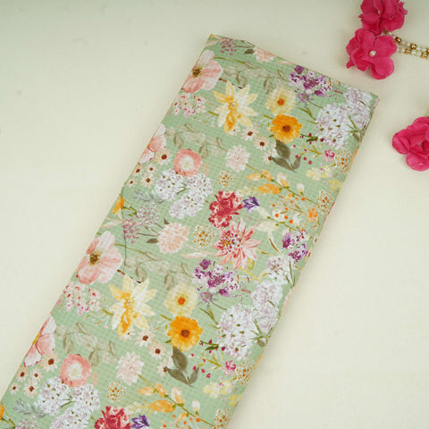 Mint Green with Multicolor floral print Cotton Checks Fabric PI-31846