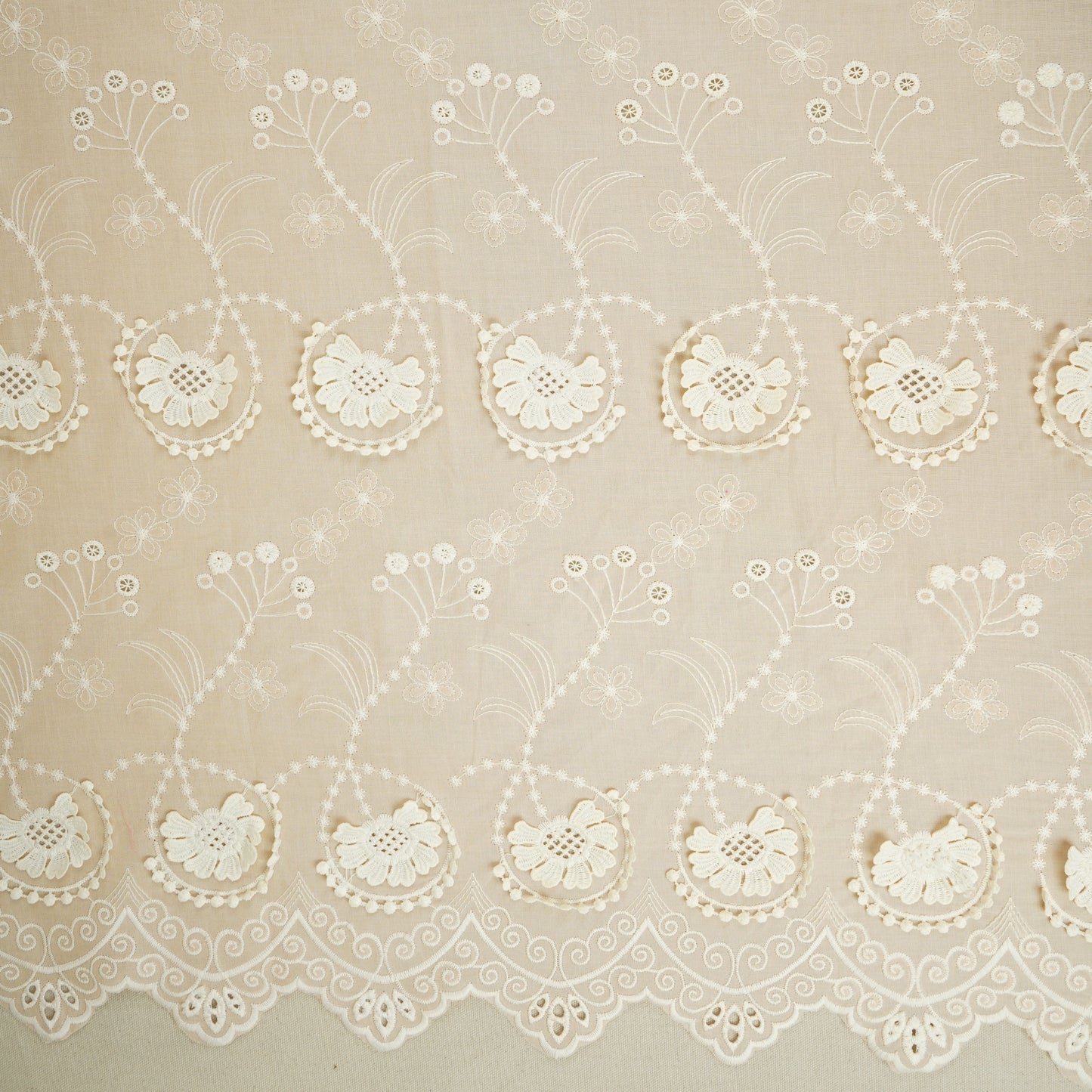 Beige Floral 3D Schiffli Embroidery Cotton Schiffli Fabric AF-30089