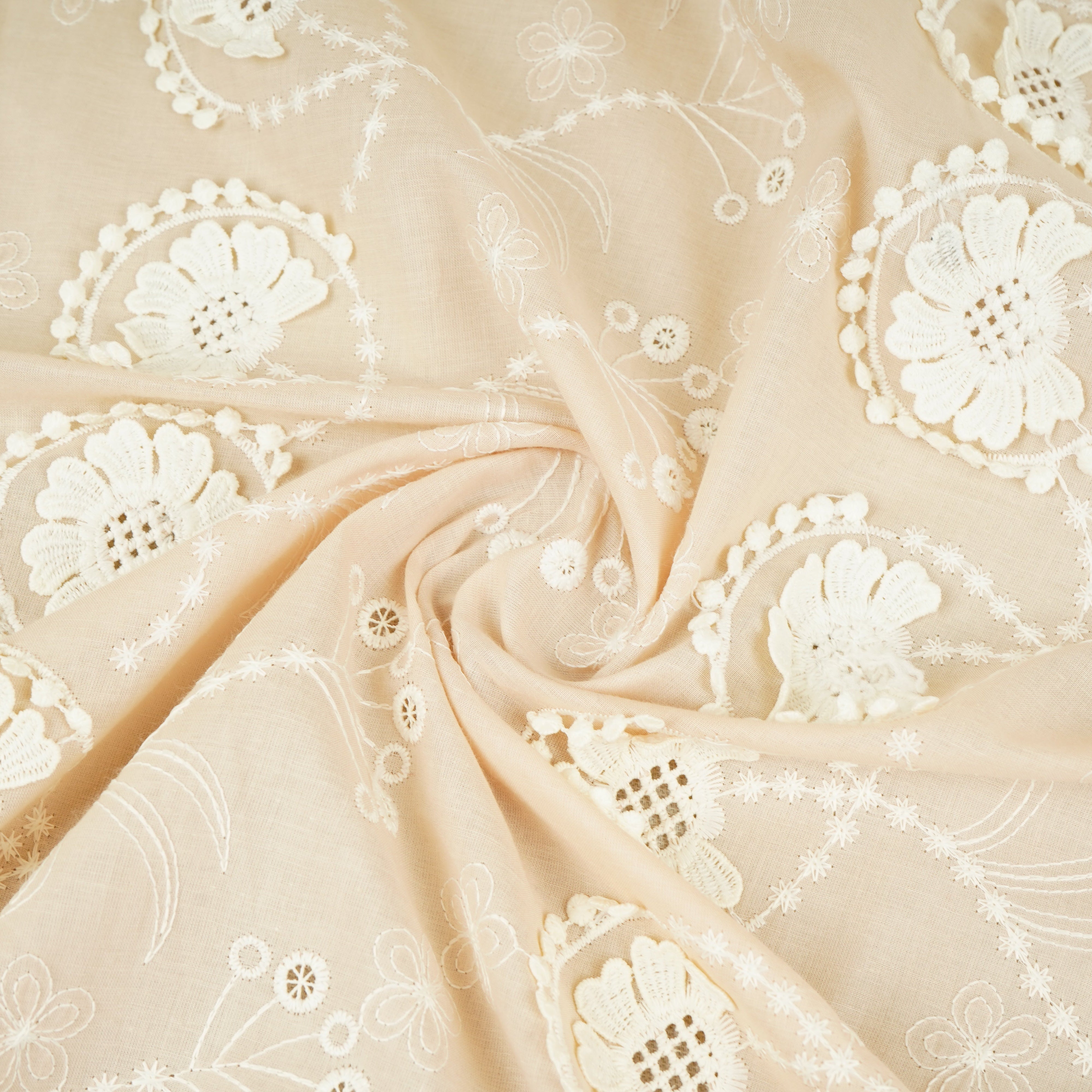 Beige Floral 3D Schiffli Embroidery Cotton Schiffli Fabric AF-30089 - TradeUNO