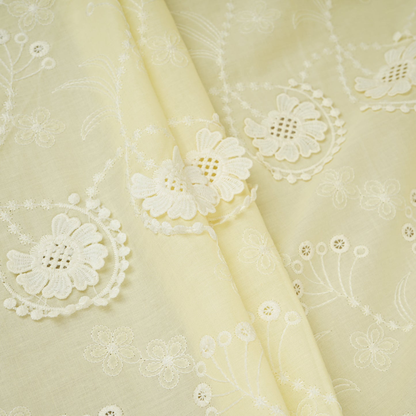 Pale Yellow Floral 3D Schiffli Embroidery Cotton Schiffli Fabric AF-30092