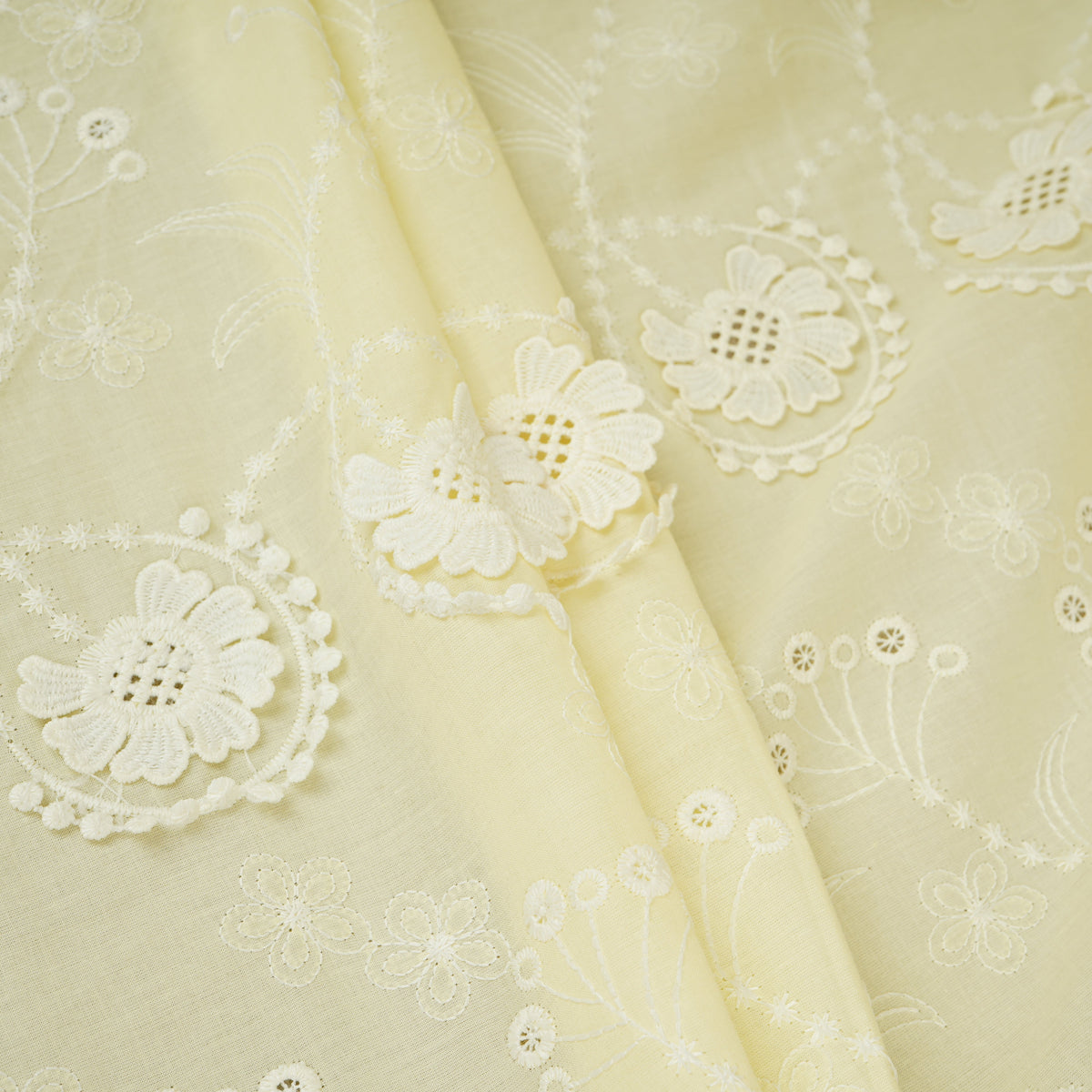 Pale Yellow Floral 3D Schiffli Embroidery Cotton Schiffli Fabric AF-30092 - TradeUNO