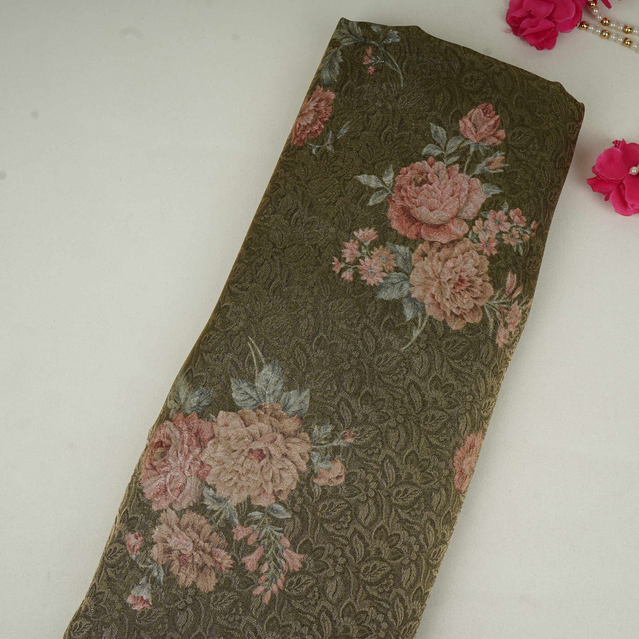Mehendi Green floral Jacquard Tissue Fabric MTF-31792 - TradeUNO