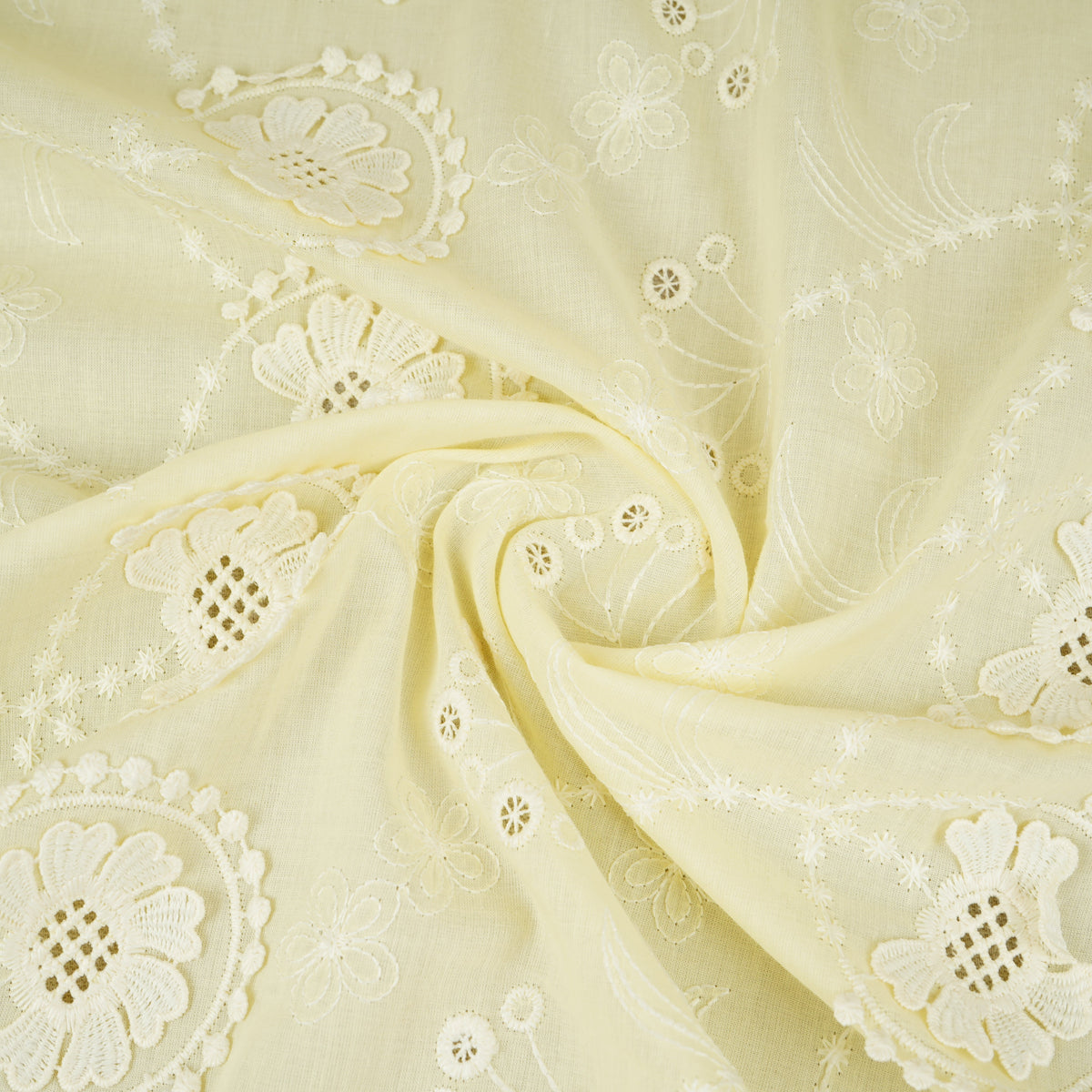 Pale Yellow Floral 3D Schiffli Embroidery Cotton Schiffli Fabric AF-30092 - TradeUNO