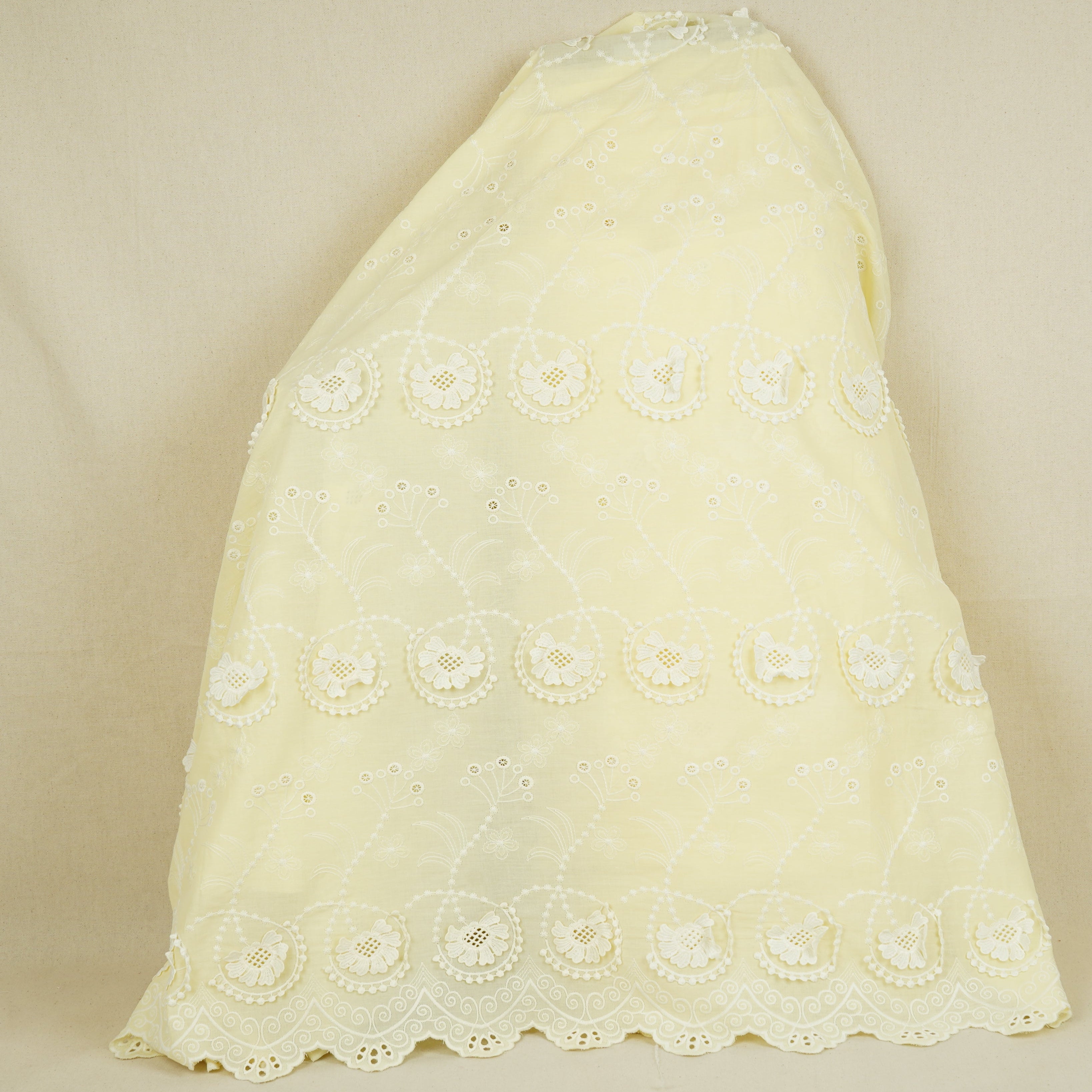 Pale Yellow Floral 3D Schiffli Embroidery Cotton Schiffli Fabric AF-30092 - TradeUNO
